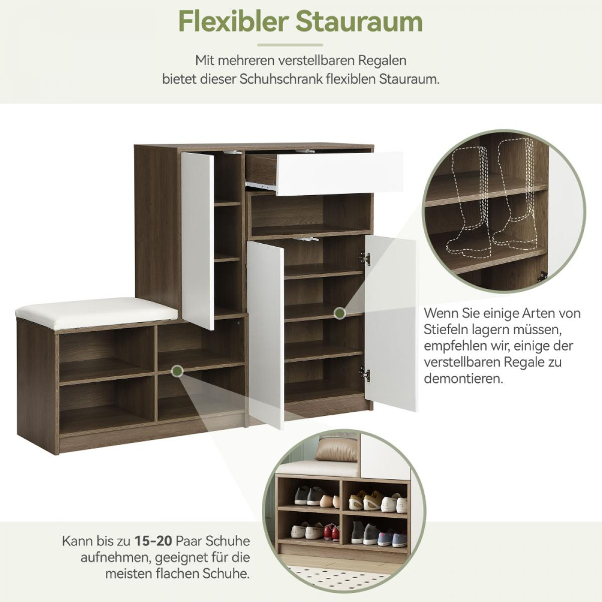 Ein Schuhschrank mit braunen und weißen Fächern, offenen Türen und einer Bank. Er hat Regale für Schuhe. Text sagt 'Flexibler Stauraum'.