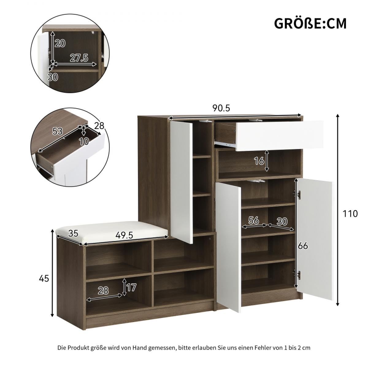 Ein Holzschrank mit weißen Türen und Regalen. Abmessungen sind angegeben. Eine kleine Bank ist befestigt. Der Text erwähnt die Größe in cm.
