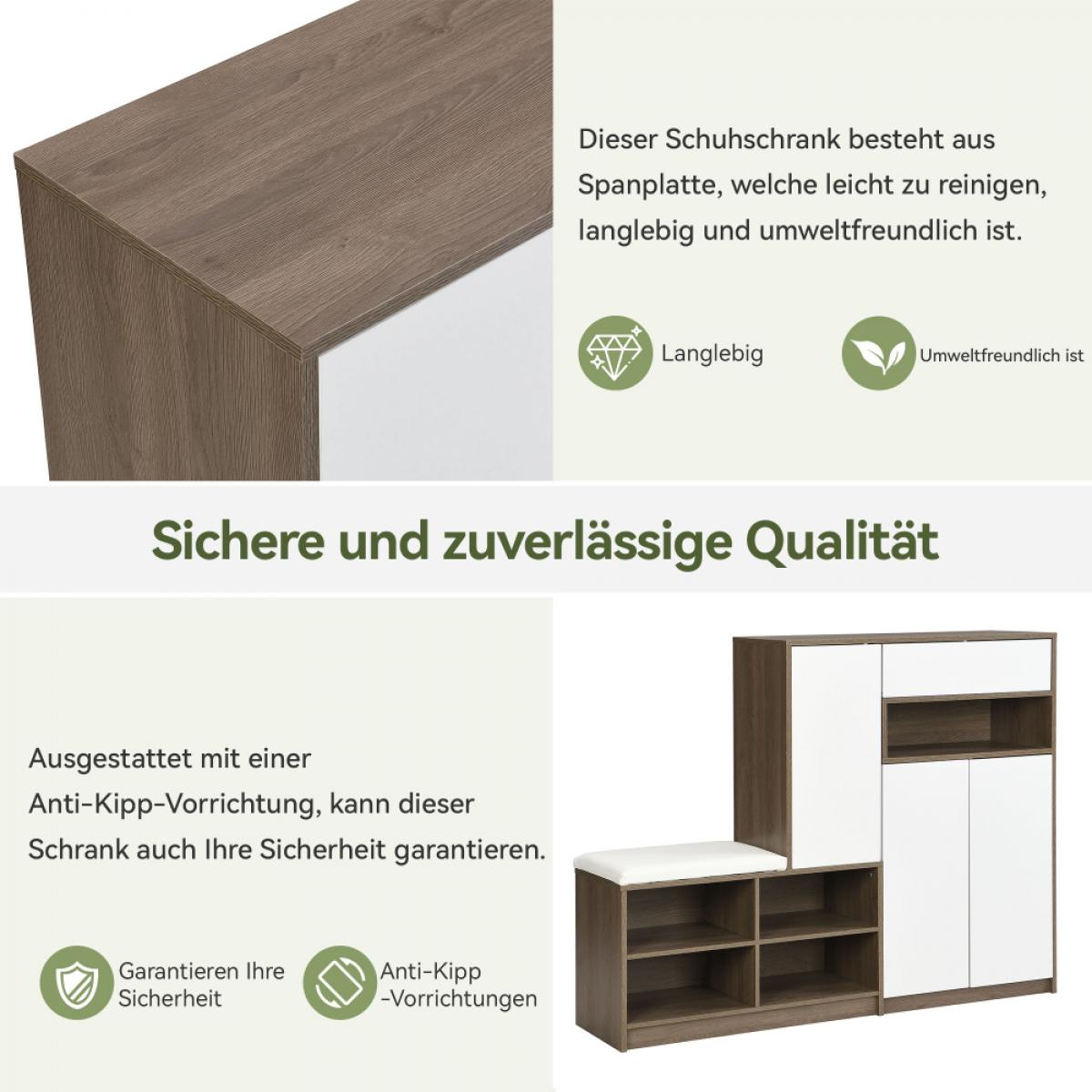 Ein Schuhschrank, braun und weiß, mit Text über seine Haltbarkeit und Sicherheitsmerkmale.
