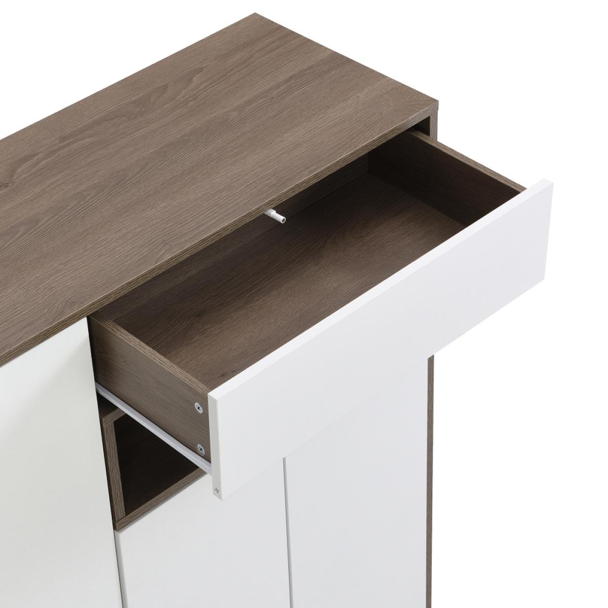 Ein Schrank mit einer offenen Schublade. Die Oberseite ist braun, die Schublade ist weiß und teilweise geöffnet, was einen braunen Innenraum zeigt.