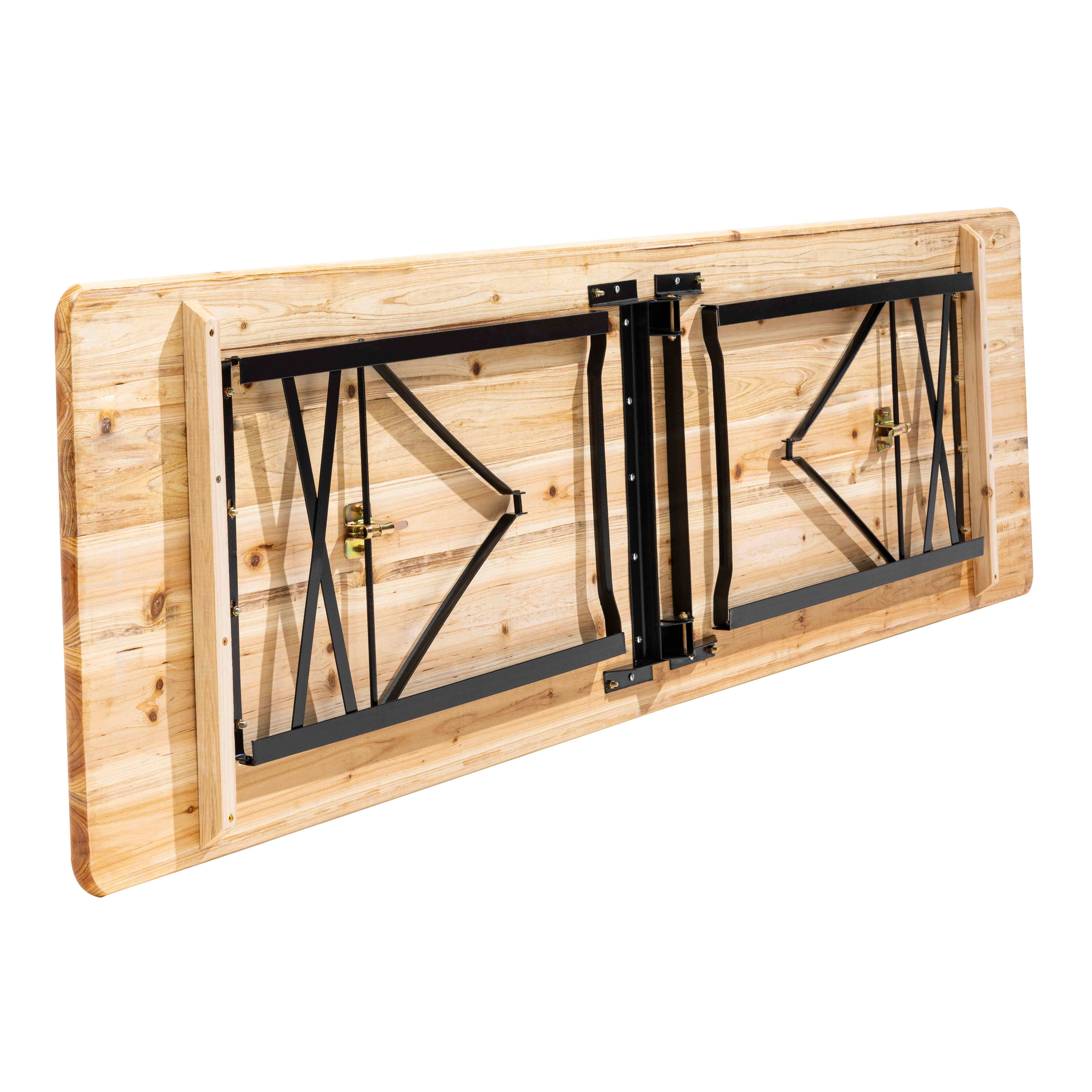 Holzklapptisch, hellbraun, mit schwarzen Metallstützen, von unten betrachtet.
