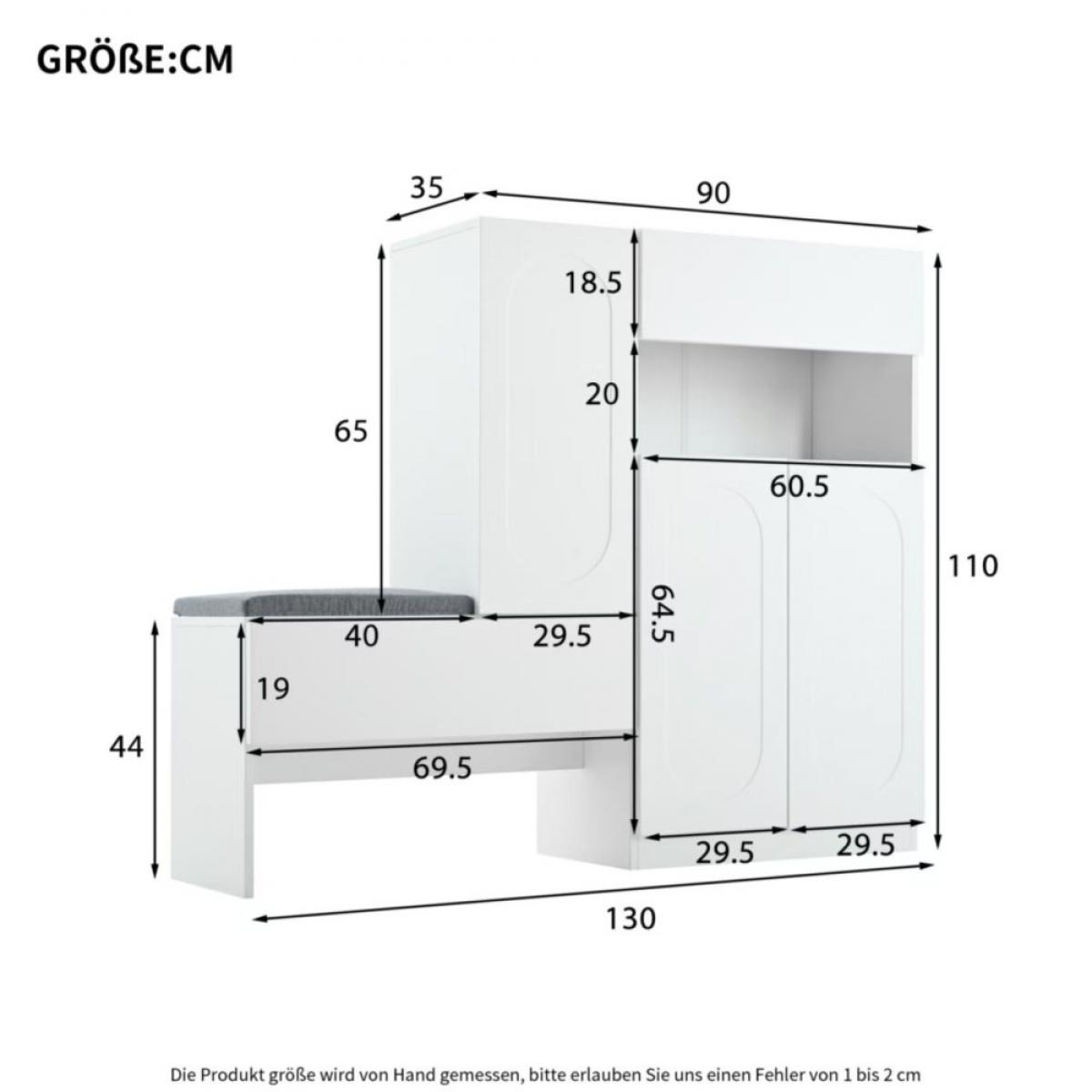 Diagramm eines weißen Schranks mit Abmessungen in cm. Mit Bank, Türen und offenem Regal. Maße sind angegeben.