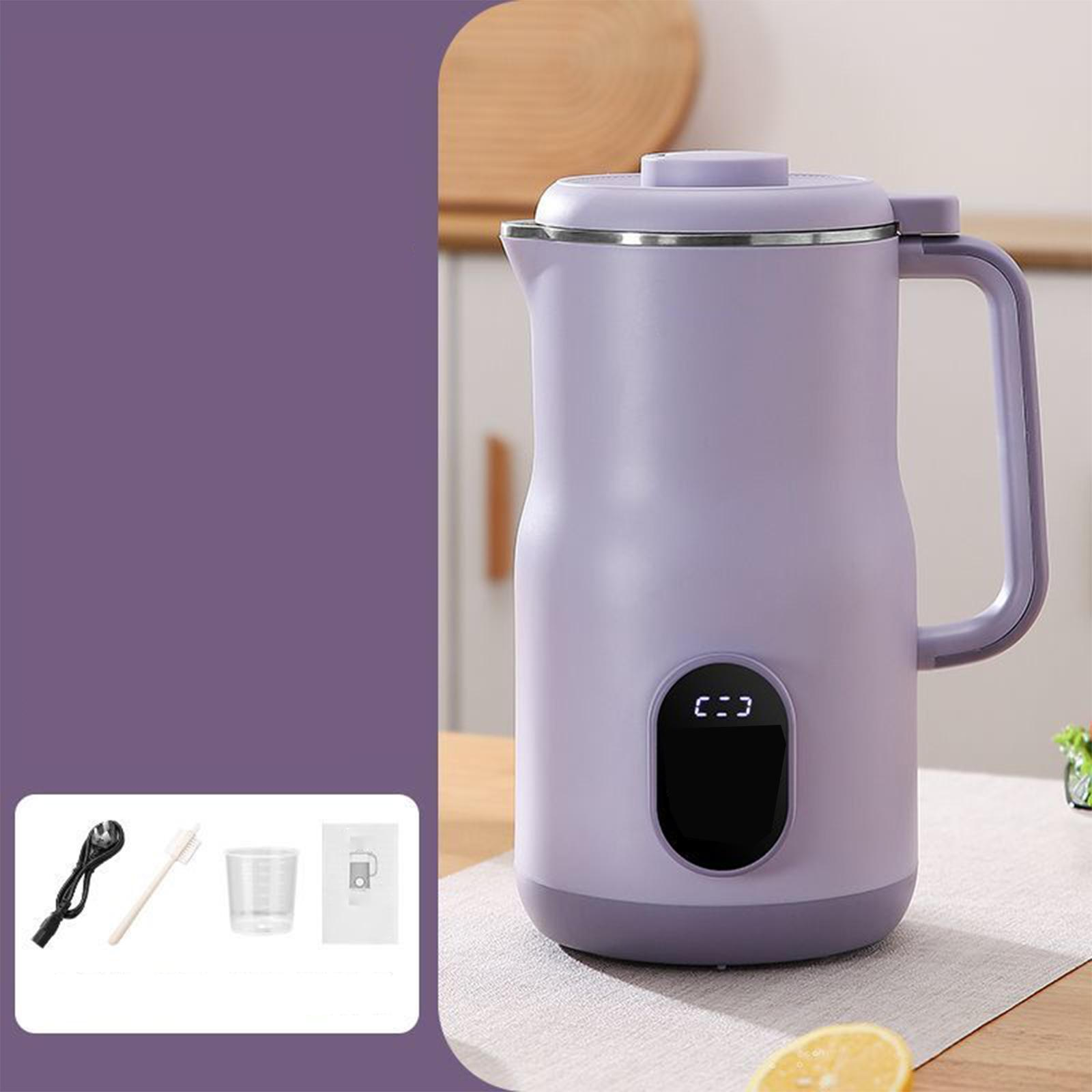 Ein lavendelfarbener elektrischer Wasserkocher mit Griff und digitaler Anzeige. Enthält Zubehör wie Netzkabel, Bürste und Messbecher.