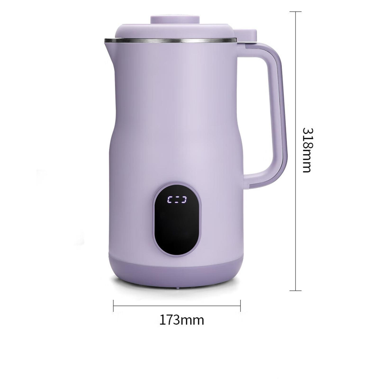 Ein lavendelfarbener Wasserkocher mit Griff, Digitalanzeige und angegebenen Abmessungen. Er ist 318 mm hoch und 173 mm breit.