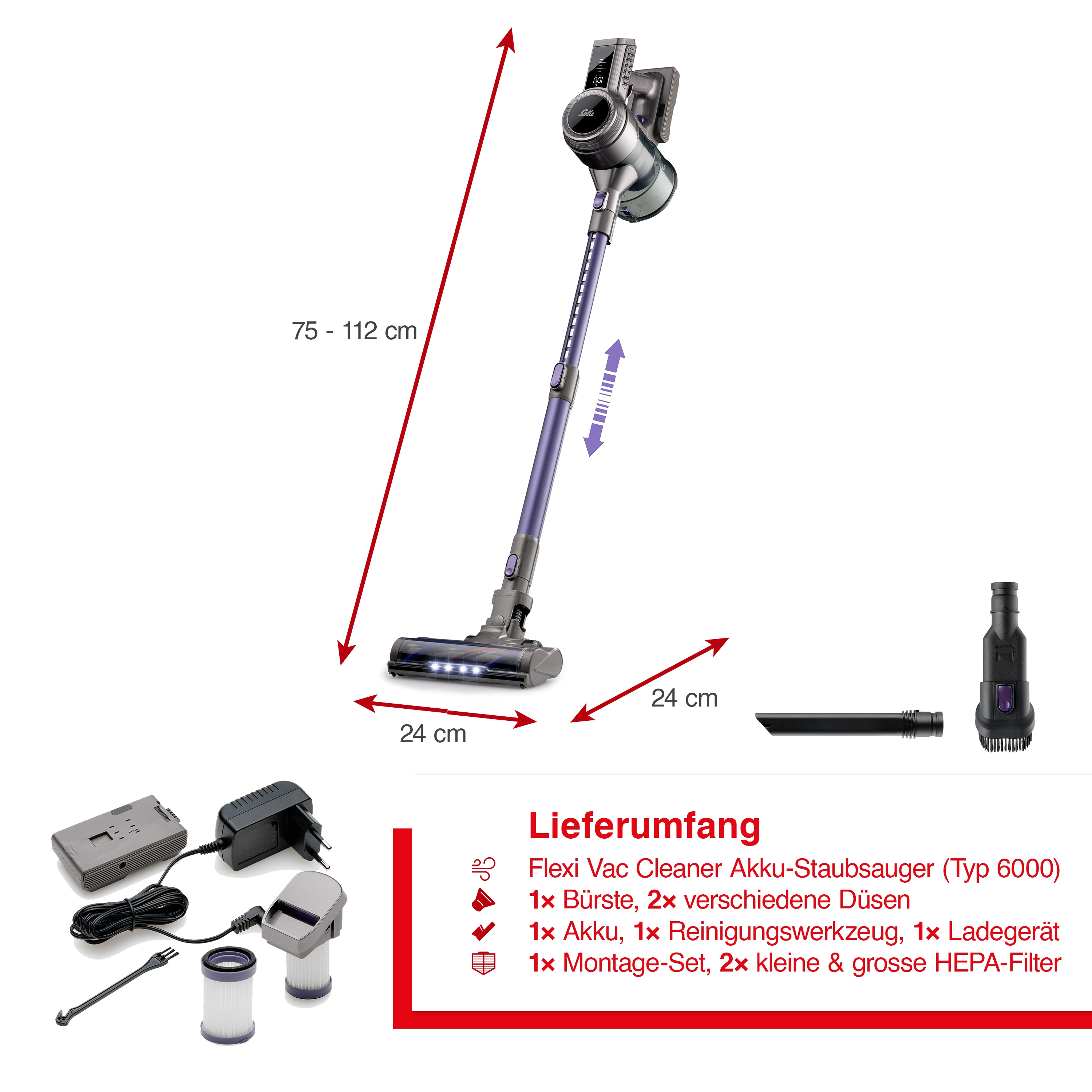 Un aspirapolvere verticale con accessori. Include caricabatterie, filtro e testine. Dimensioni e caratteristiche etichettate.