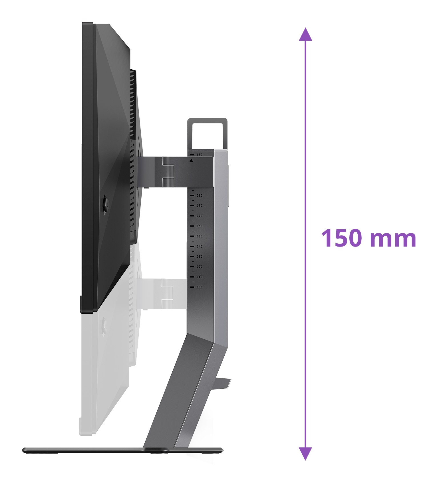 Zijaanzicht van een monitor. Een paarse pijl geeft een hoogte van 150 mm aan. De monitor is zwart en grijs op een witte achtergrond.