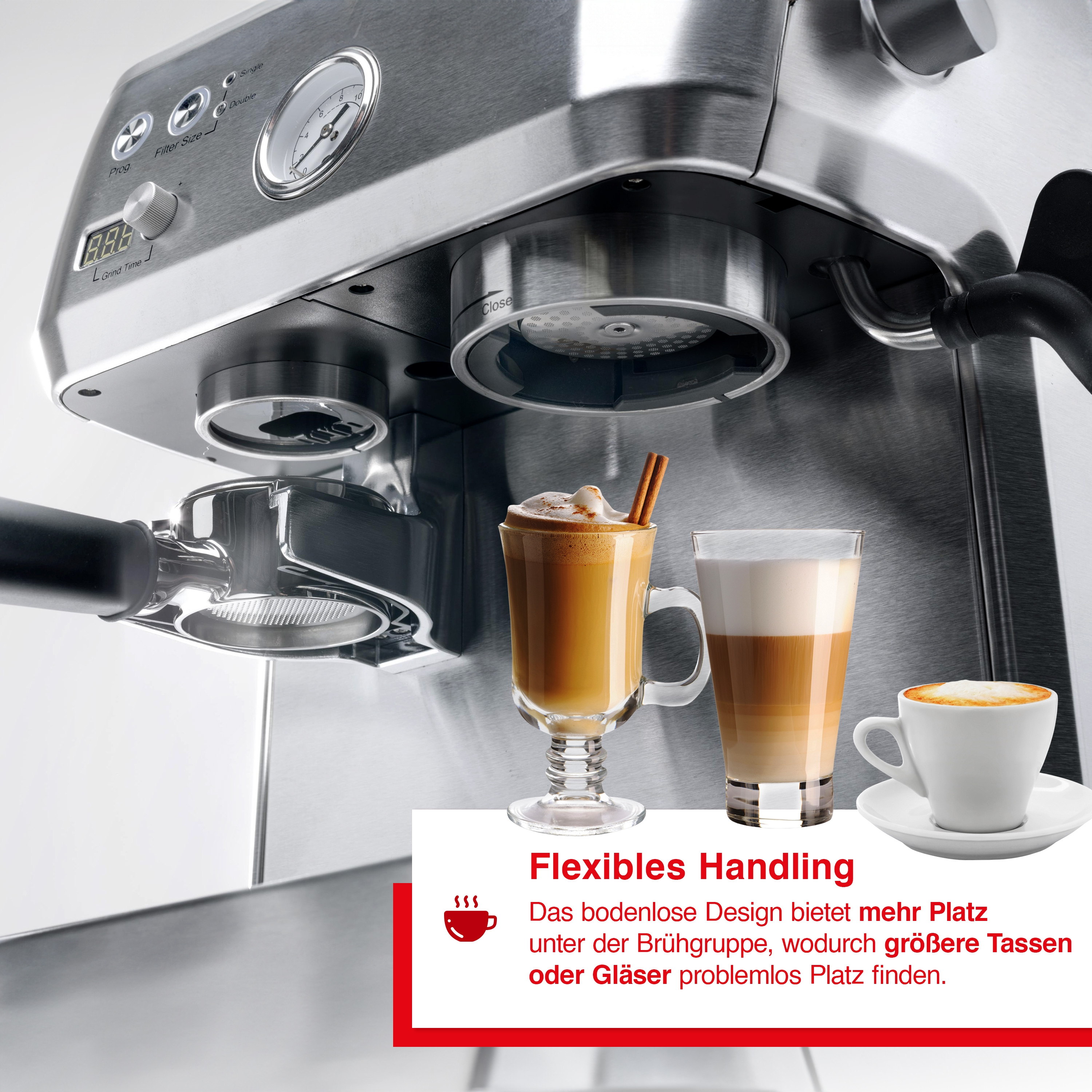 Eine Espressomaschine mit Kaffeegetränken, einem Latte und einem Cappuccino. Die Maschine ist silberfarben, die Getränke in Gläsern.