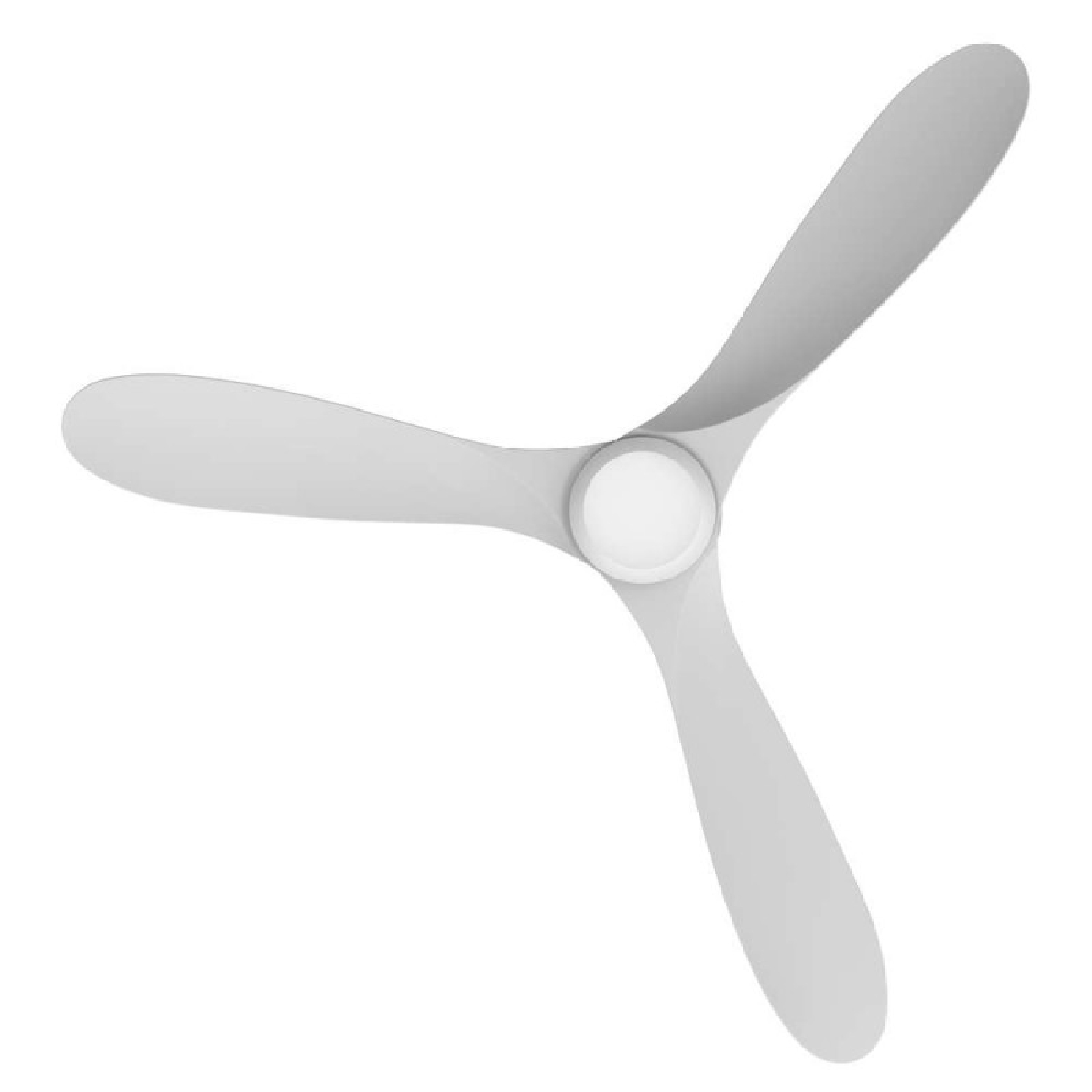 Un ventilatore a soffitto con tre pale grigie. Le pale si incurvano e si estendono da un mozzo centrale bianco e circolare.