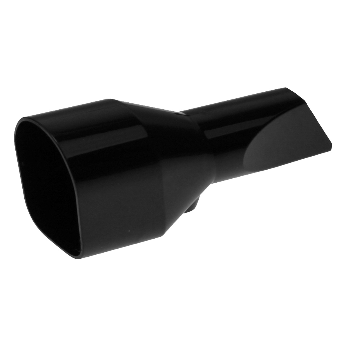 Un accessorio nero in plastica per aspirapolvere. È angolato, con un'apertura rettangolare larga e un ugello più stretto.