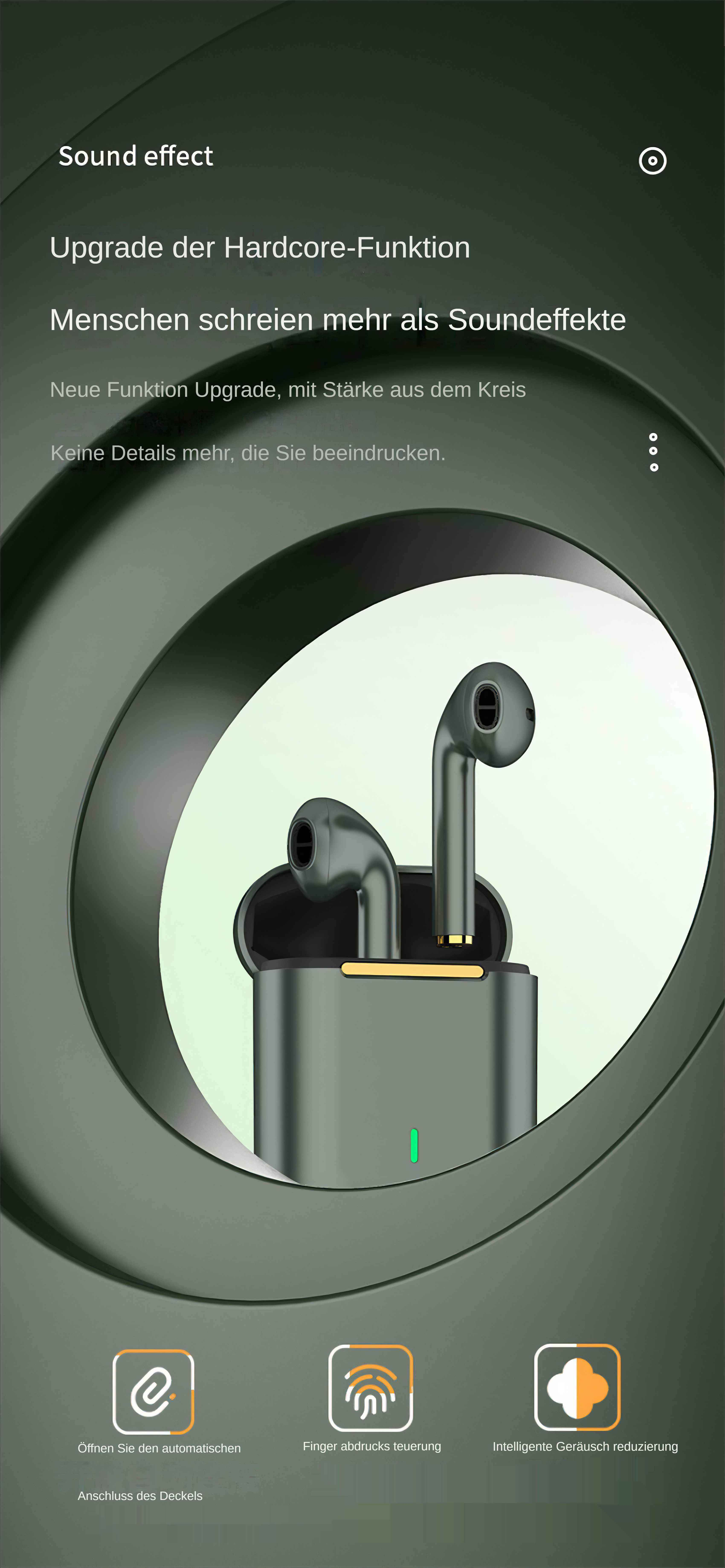 Ohrhörer in einem Ladecase, Grün- und Grautöne. Deutscher Text über Sound und Funktionen.
