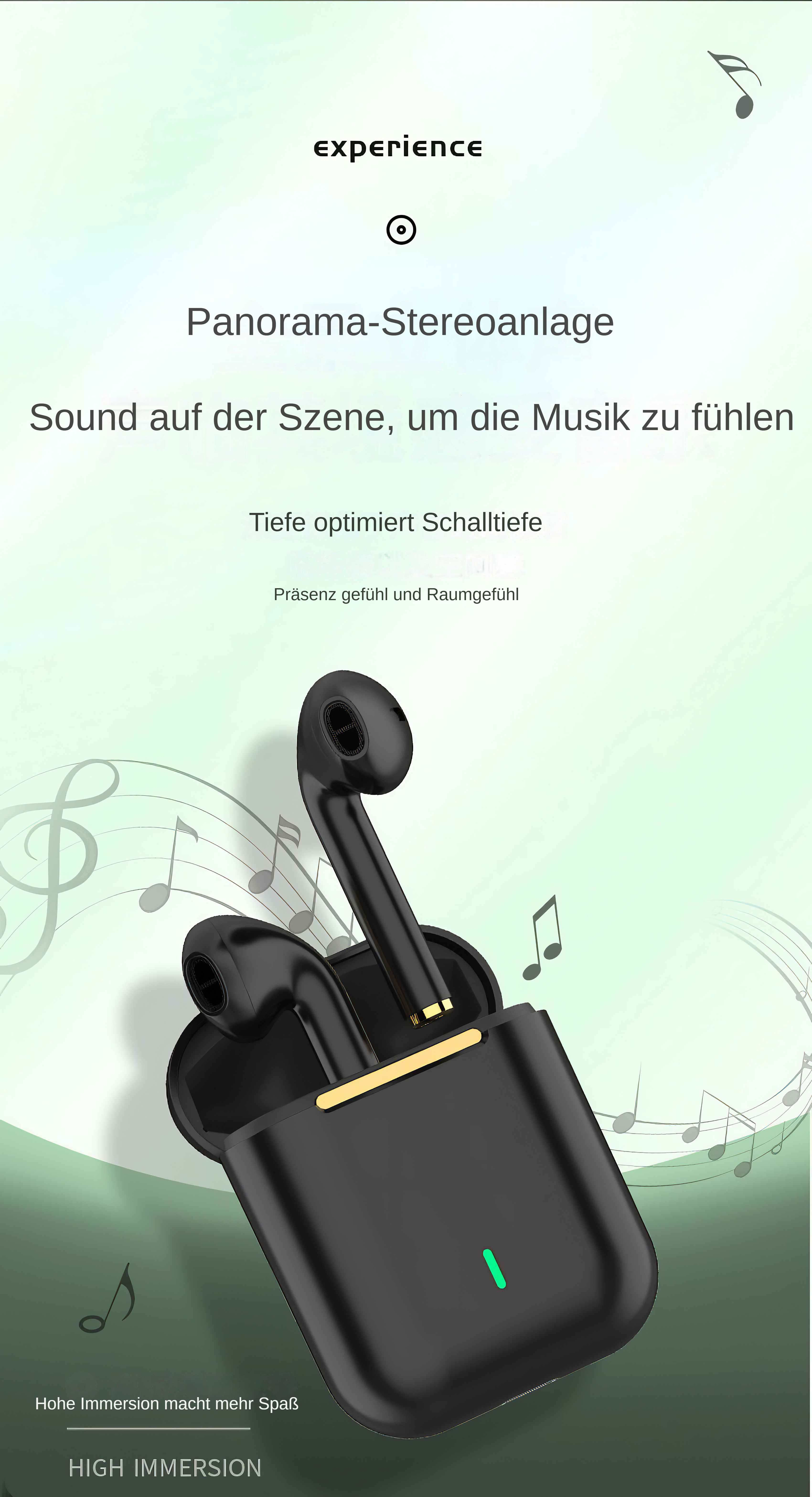 Schwarze Ohrhörer in einem offenen Etui mit Noten auf hellgrünem Hintergrund. Text enthält 'Erfahrung' und 'Hohe Immersion'.
