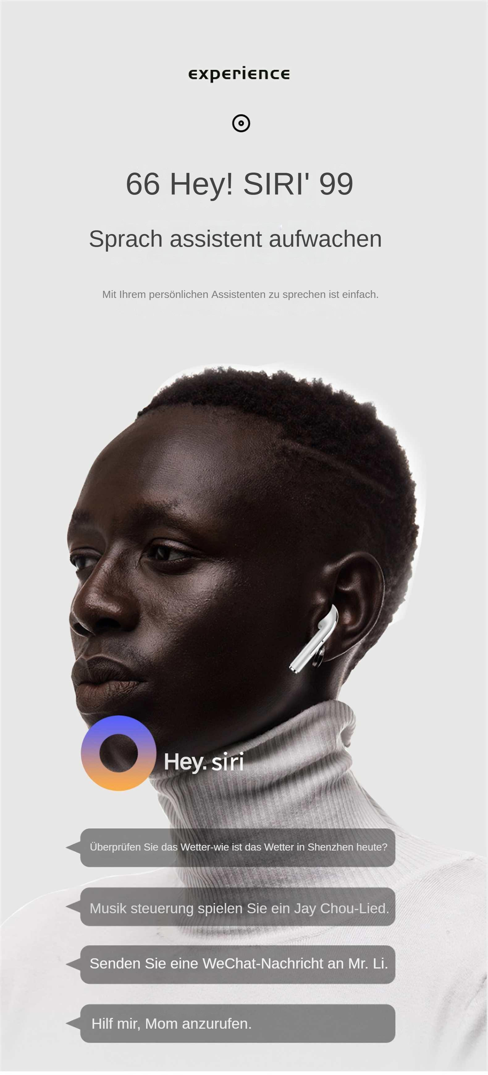 Eine Person mit Ohrhörern, mit "Hey Siri" Text und Befehlen. Text enthält "Experience", "Sprach assistent aufwachen".