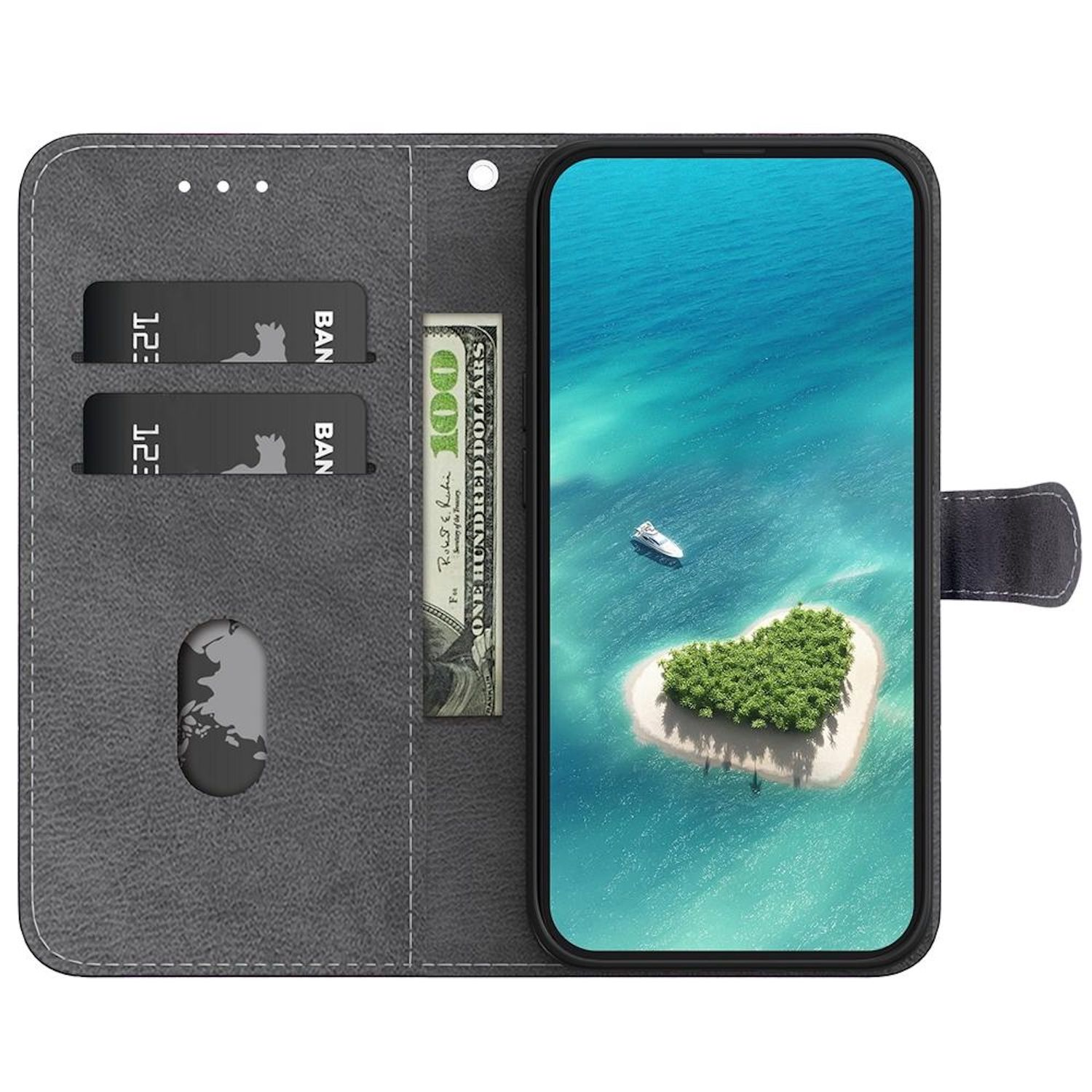 Geöffnete Handyhülle, zeigt Handy-Bildschirm mit herzförmiger Insel. Hülle hat Karten und Geld. Hintergrund ist graues Leder.