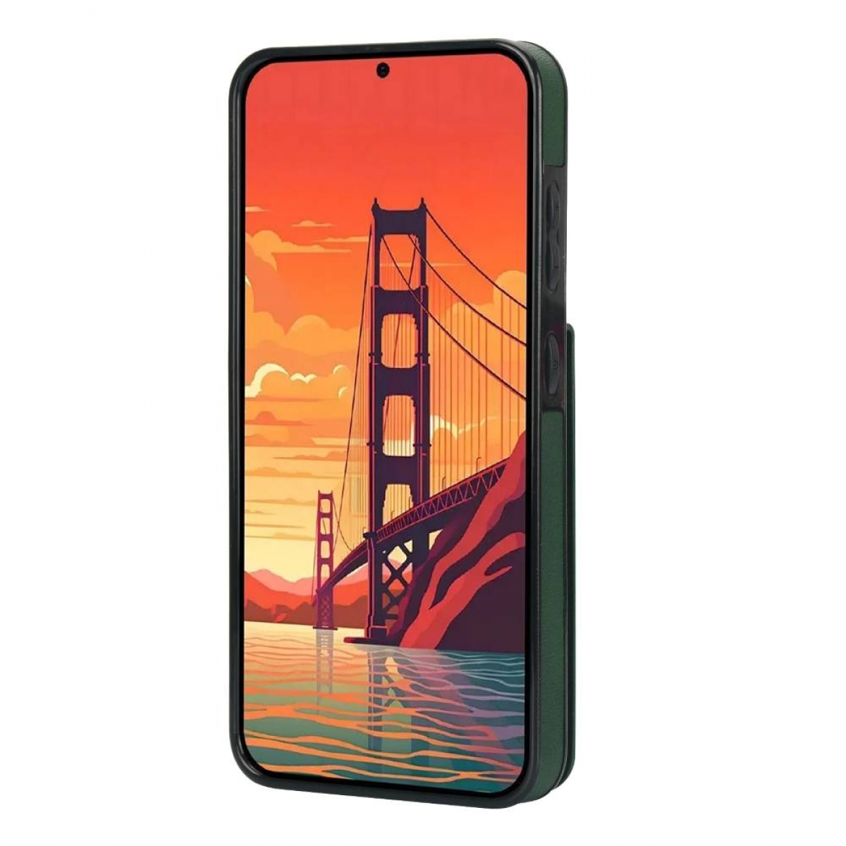 Eine Handyhülle zeigt ein Bild der Golden Gate Bridge. Der Hintergrund ist ein oranger Sonnenuntergang, der Vordergrund zeigt die Brücke über Wasser.