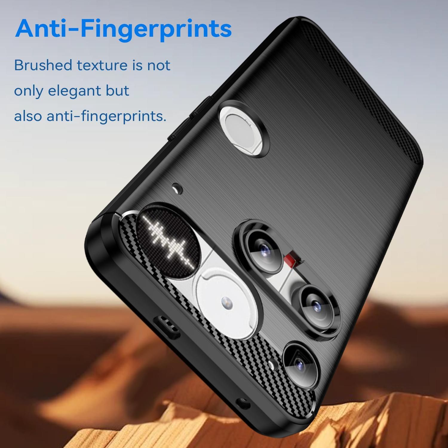 Schwarze Handyhülle mit gebürsteter Textur, mit Kameralinsen und Text 'Anti-Fingerprints'.