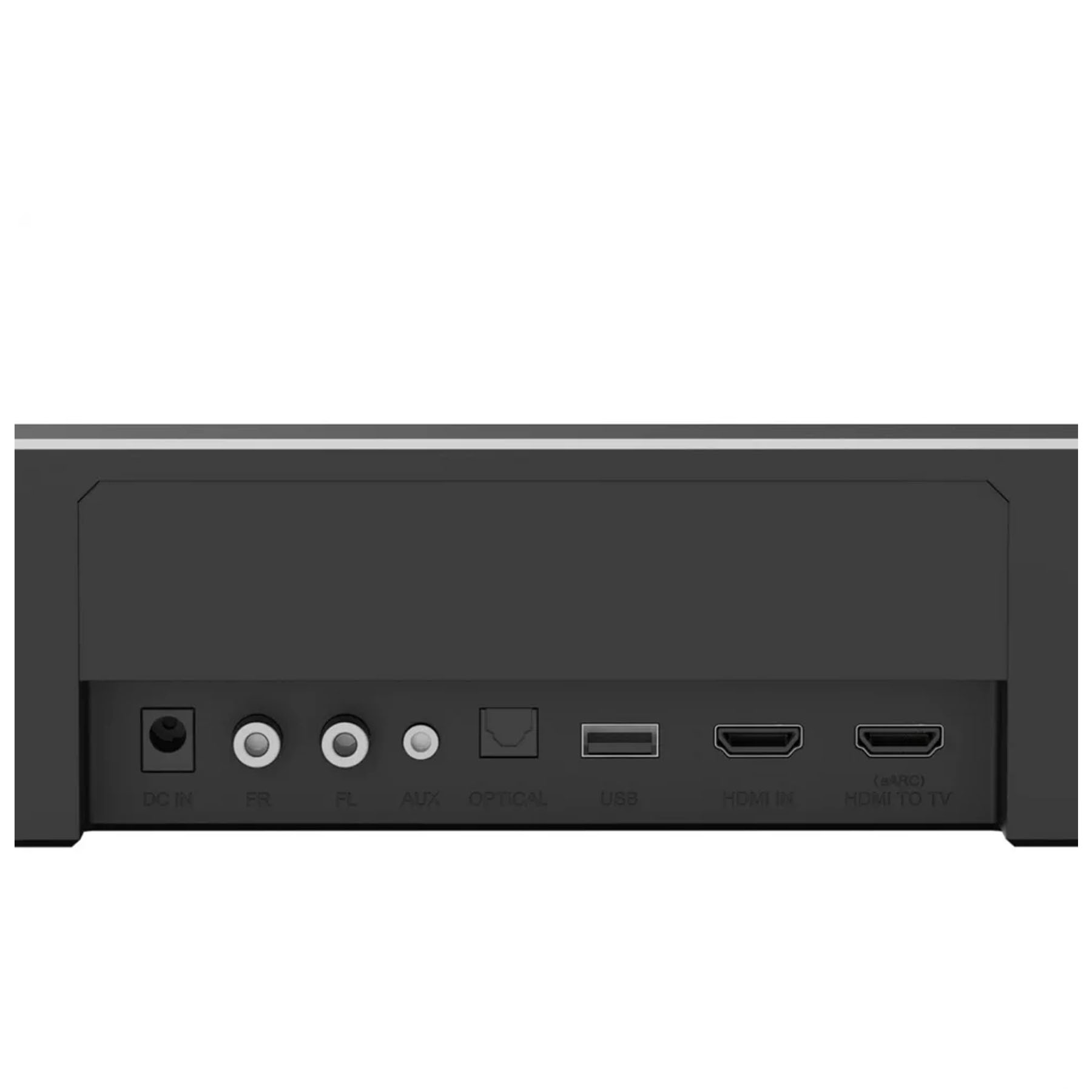 Czarny panel tylny soundbaru z różnymi portami wejściowymi: DC in, FR, FL, AUX, Optical, USB, HDMI in i HDMI to TV.