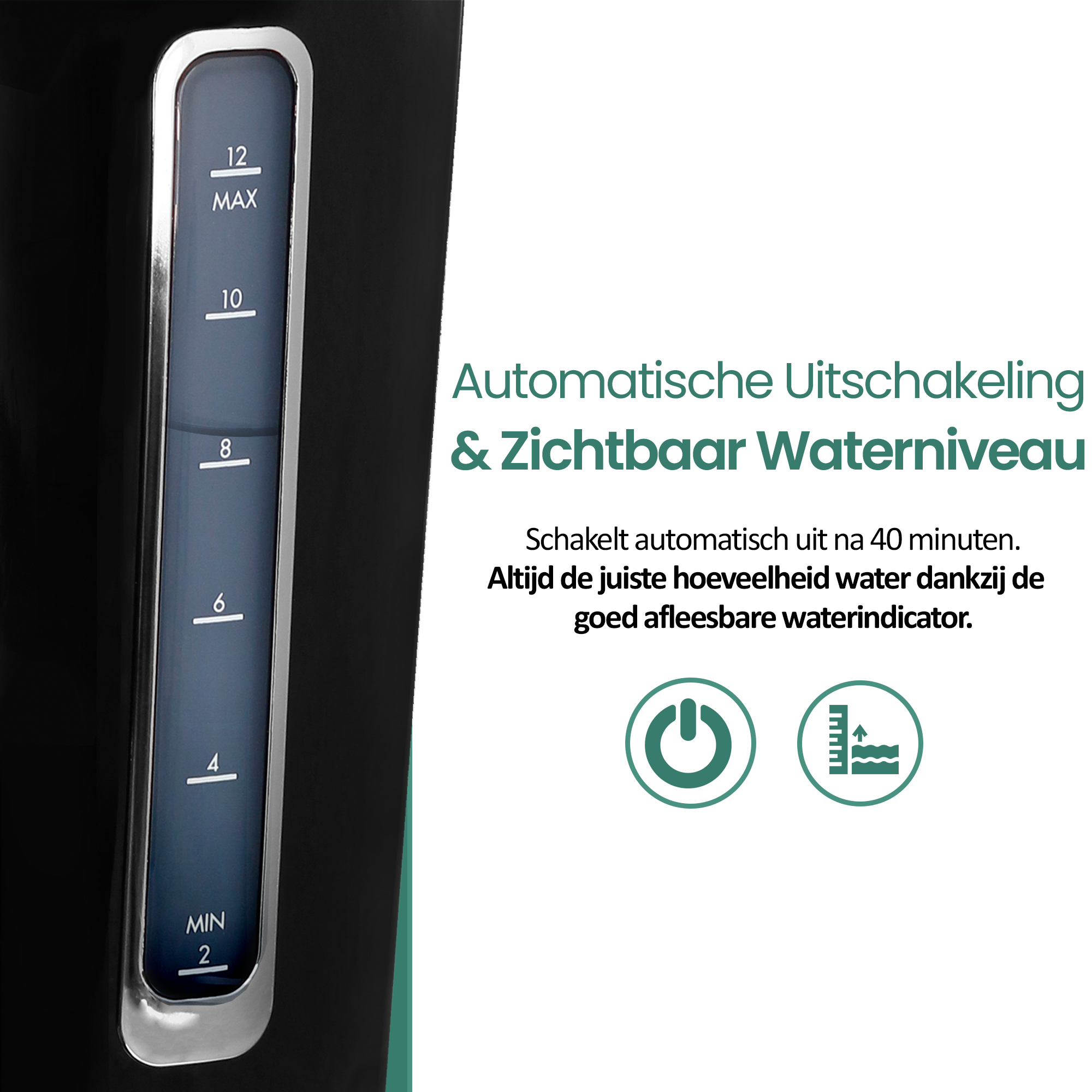 Black electric kettle with water level indicator, text 'Automatische Uitschakeling', and power/water level icons.