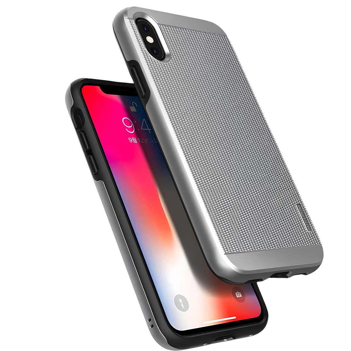Due custodie per telefono argento e nere, una copre un telefono con uno schermo rosso e bianco che mostra l'ora. Le custodie sono strutturate.
