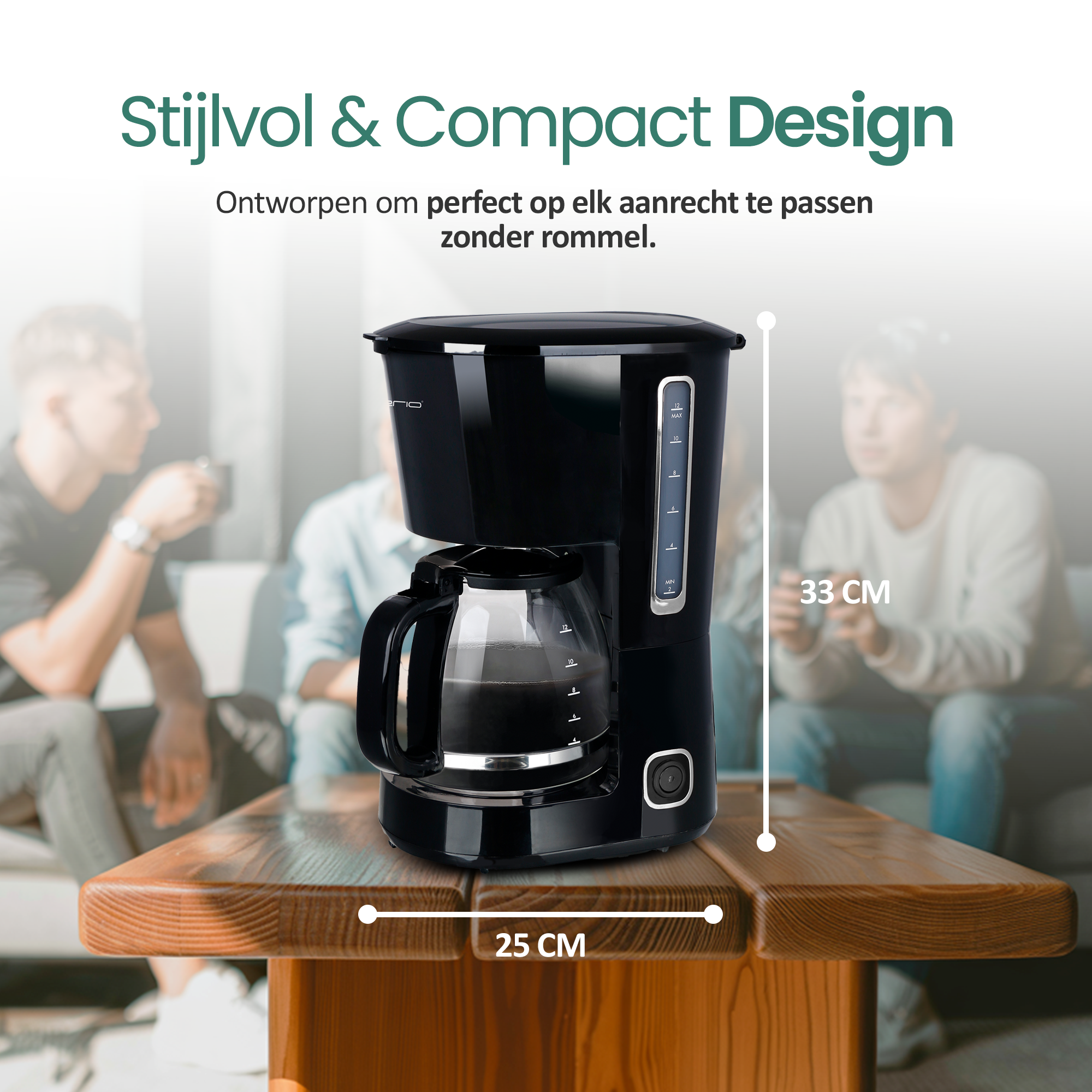 A black coffee maker on a wooden table with people in the background. Dimensions are 25cm x 33cm.