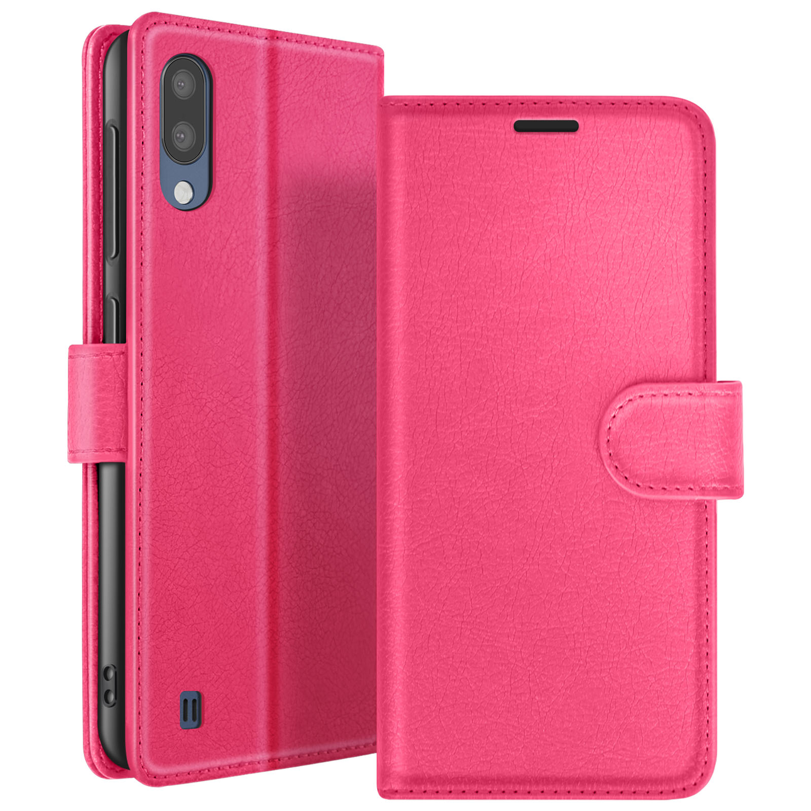 Een roze telefoonhoes, open, met een telefoon erin. De hoes heeft een leerachtige textuur met een magnetische sluiting.