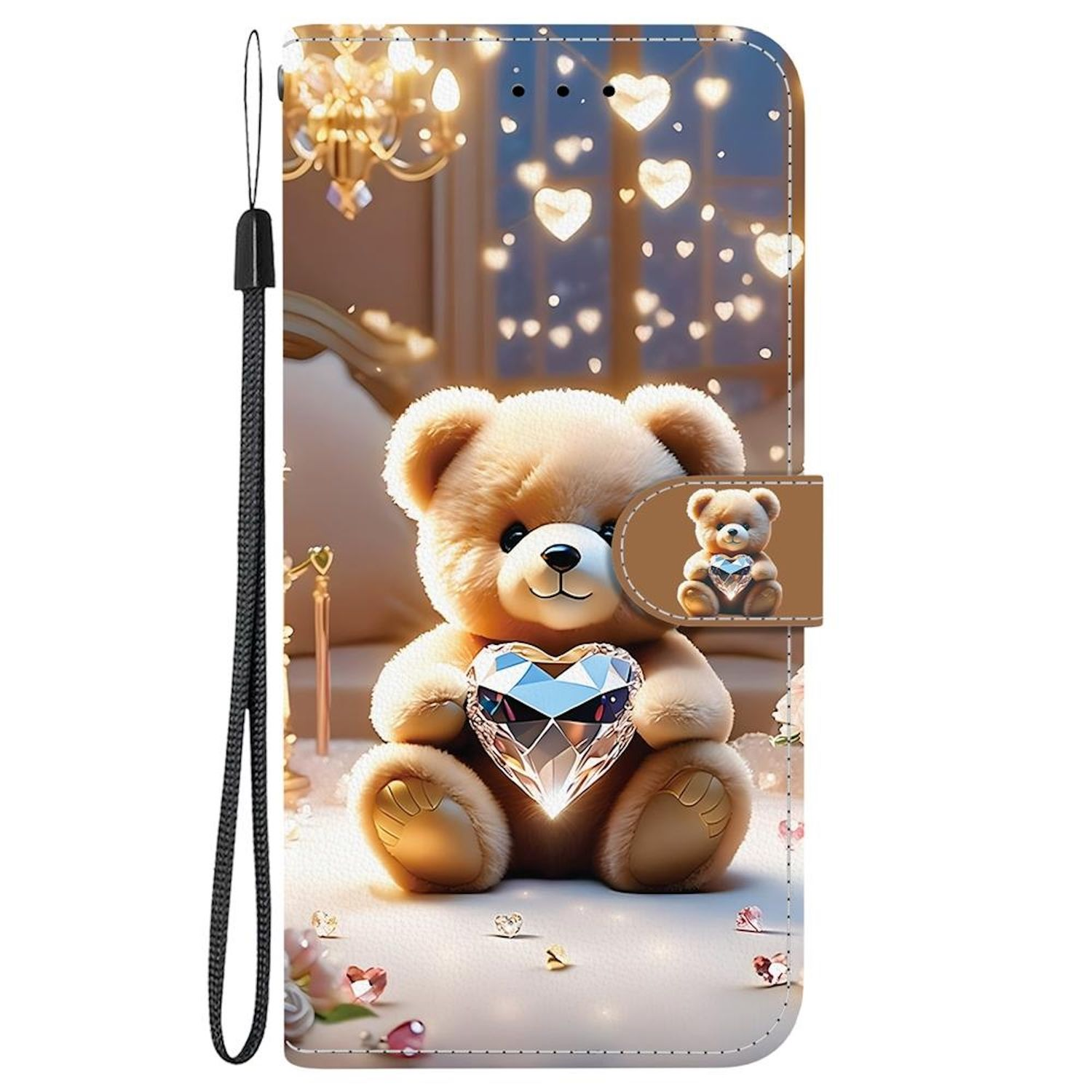 Ein Teddybär hält ein Diamantherz auf einer Handyhülle. Herzen und Lichter im Hintergrund. Ein kleiner Bär ist auf dem Verschluss abgebildet.