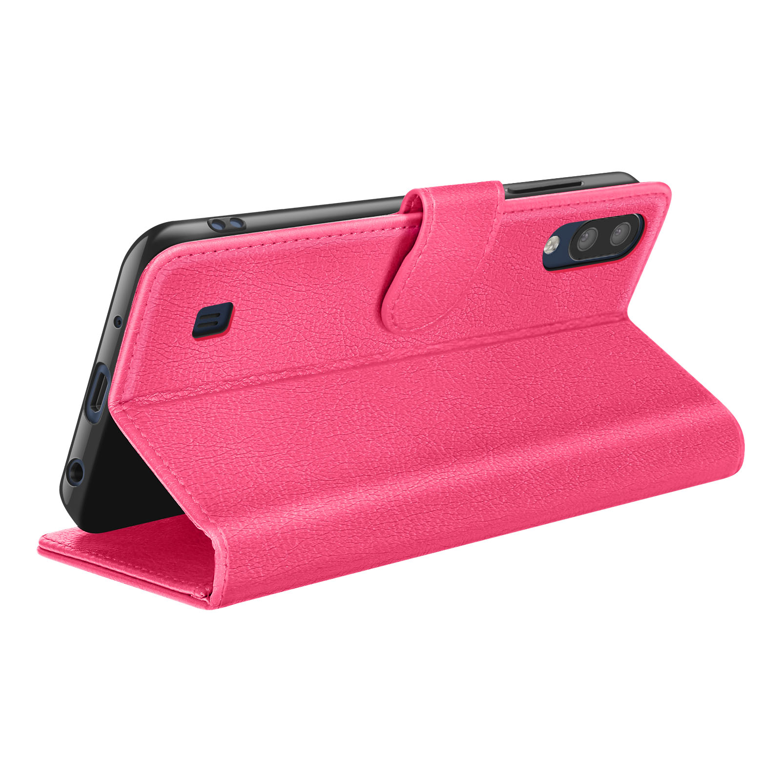 Een roze telefoonhoesje is open, met een zwarte telefoon. De hoes heeft een getextureerd oppervlak.