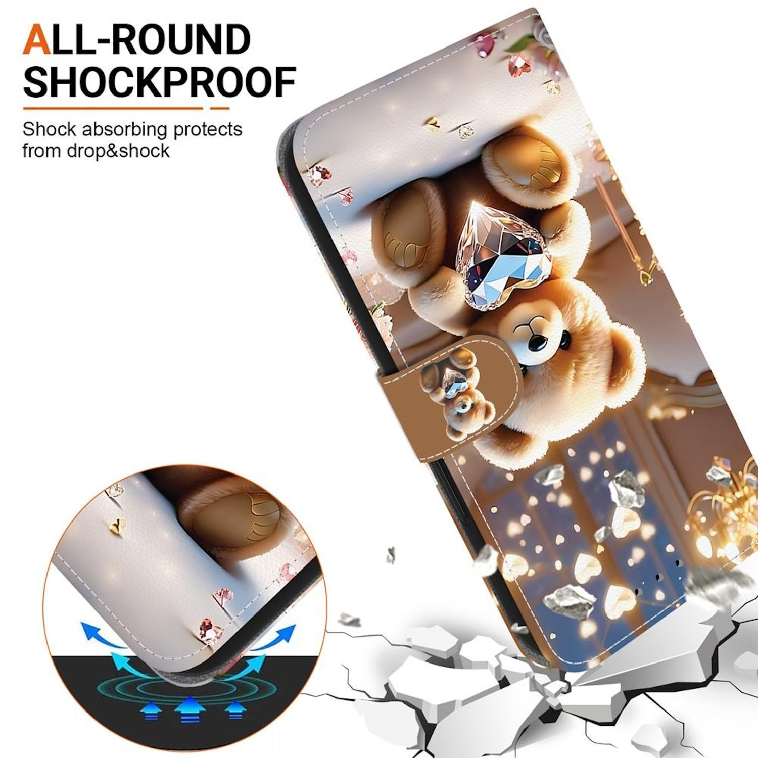 Handyhülle mit Teddybären-Design, Diamanten und einem zerbrochenen Bodeneffekt. Text: 'ALL-ROUND SHOCKPROOF'.