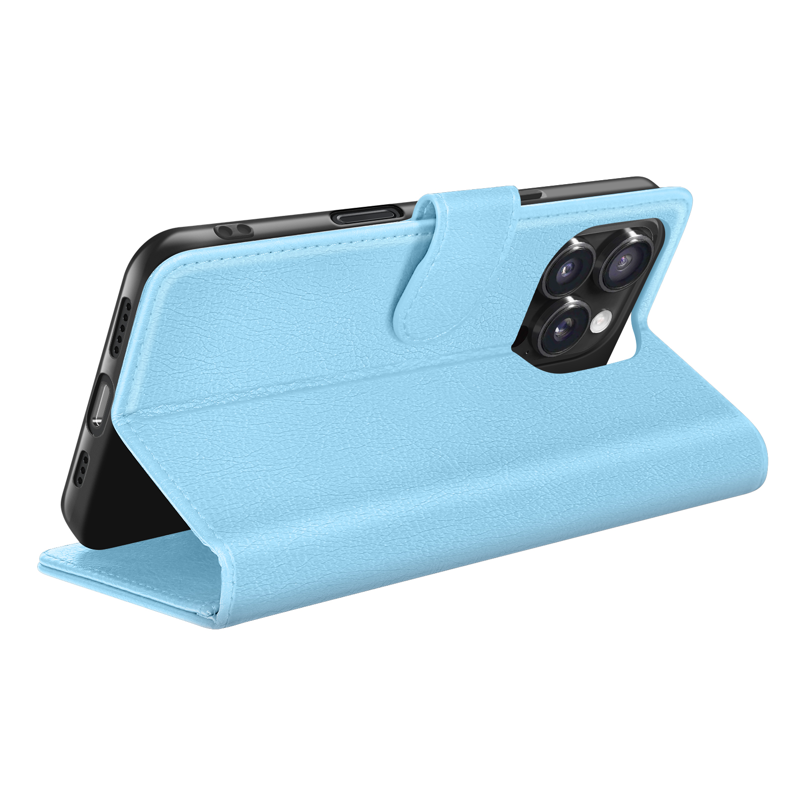 Een lichtblauwe telefoonhoes met een zwarte telefoon erin. De hoes is open en toont de cameralenzen van de telefoon.