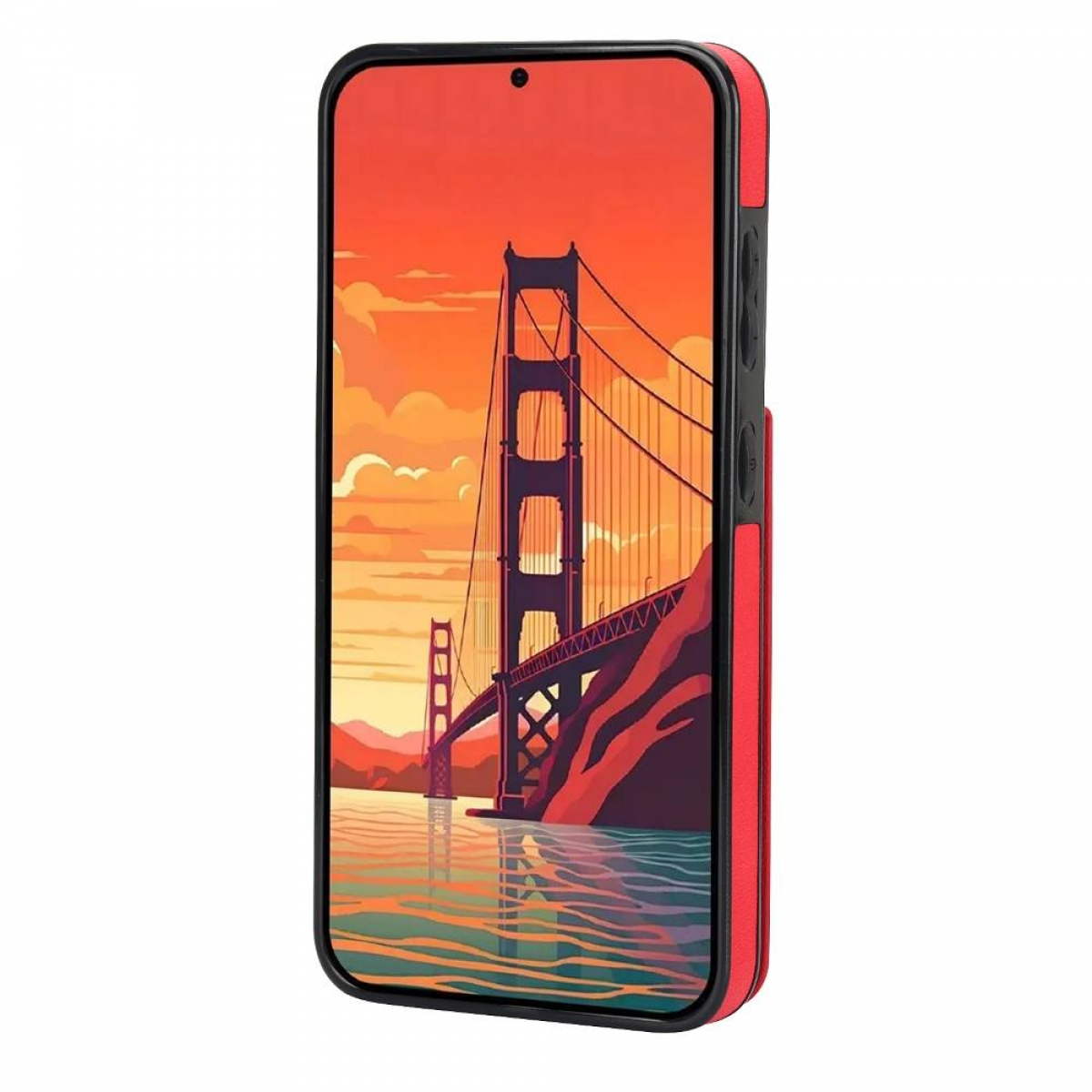 Handyhülle mit stilisiertem Golden Gate Bridge-Motiv. Rote und schwarze Hülle mit Brücke über Wasser unter orangefarbenem Himmel.