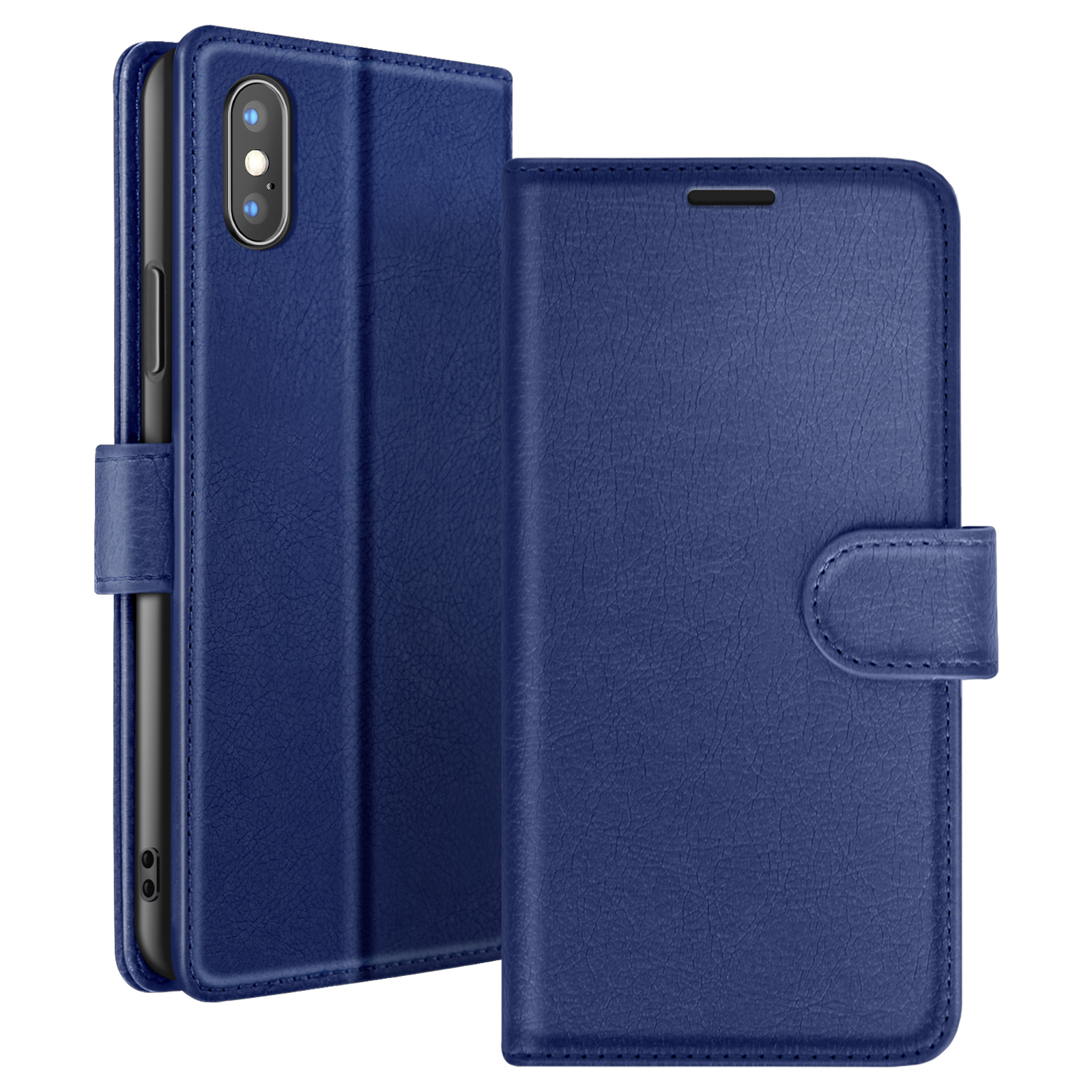 Een blauwe leren telefoonhoes met een telefoon erin, open naar links. Het heeft een magnetische sluiting.