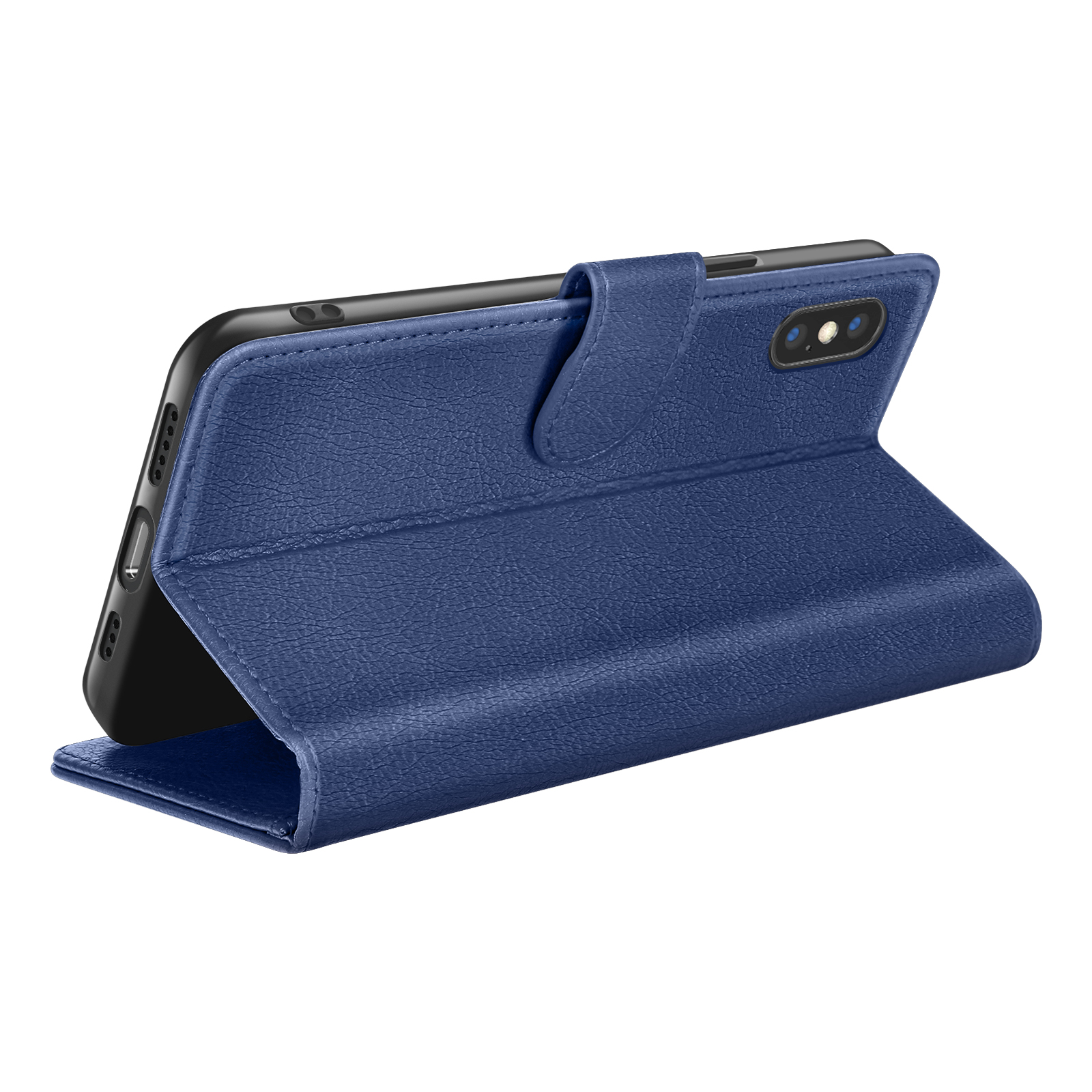 Een blauwe leren telefoonhoes is open en toont de zwarte telefoon. De hoes heeft een magnetische sluiting.