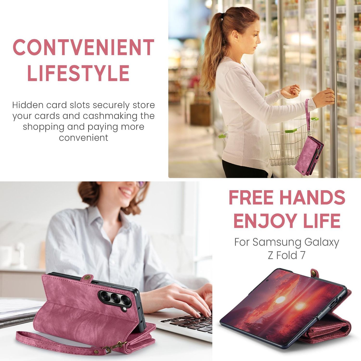 La imagen muestra una funda de teléfono, una mujer comprando y una mujer escribiendo en una computadora portátil. El texto incluye 'Convenient Lifestyle' y 'Enjoy Life'.