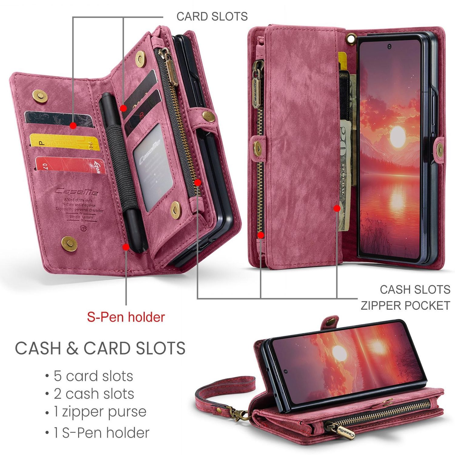 Una cartera rosa con ranuras para tarjetas, un bolsillo con cremallera y un soporte para S-Pen. Contiene tarjetas, efectivo y un teléfono.