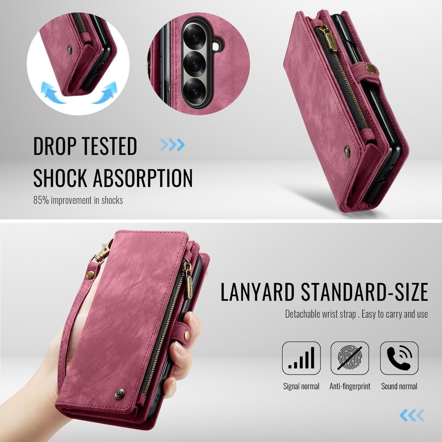 Una funda rosa para teléfono con cremallera y correa de muñeca. El texto indica prueba de caída, absorción de impactos y tamaño estándar de cordón.