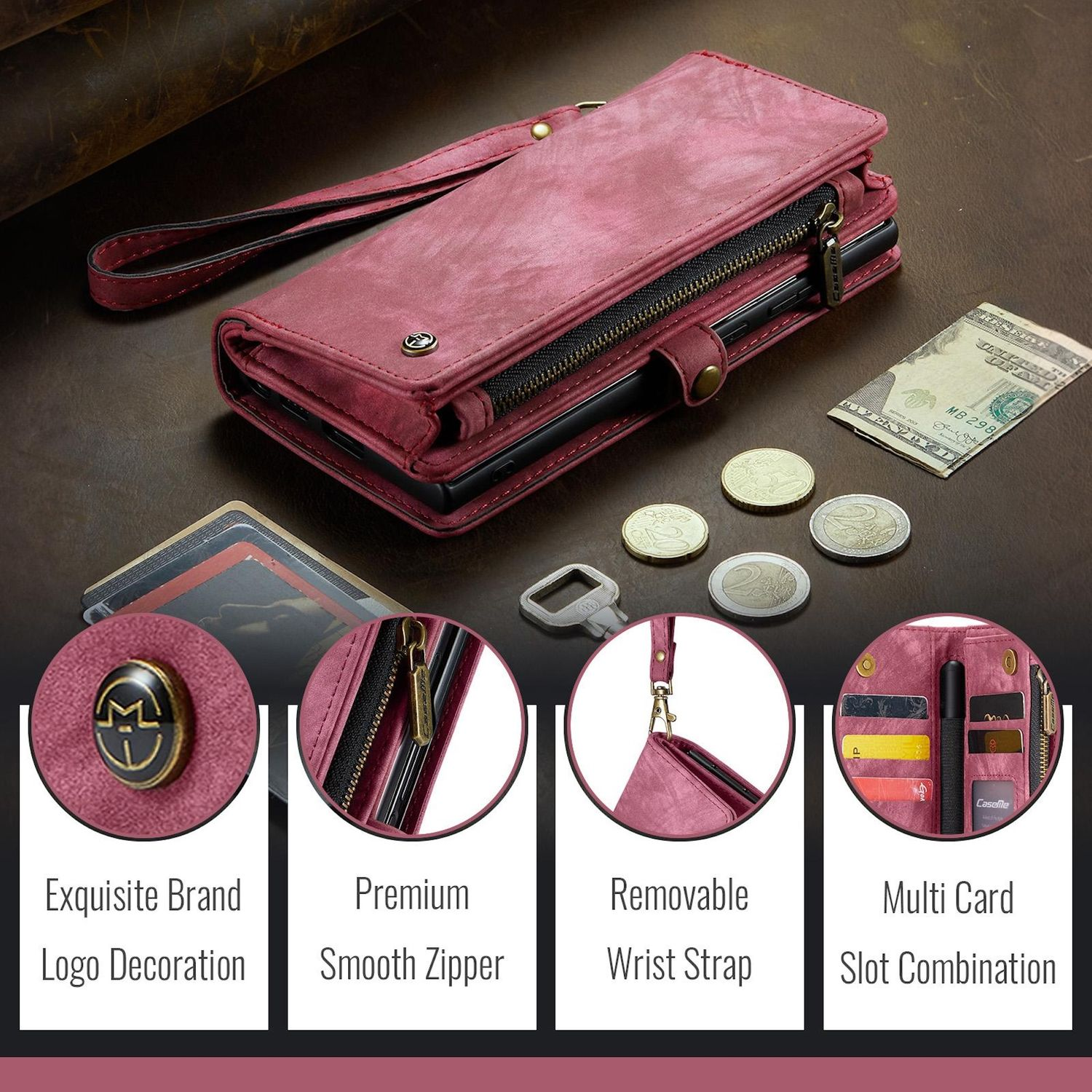 Una cartera granate con correa de muñeca, cremallera y ranuras para tarjetas. Monedas y un billete están al lado. Detalles: logotipo, cremallera, correa, ranuras.
