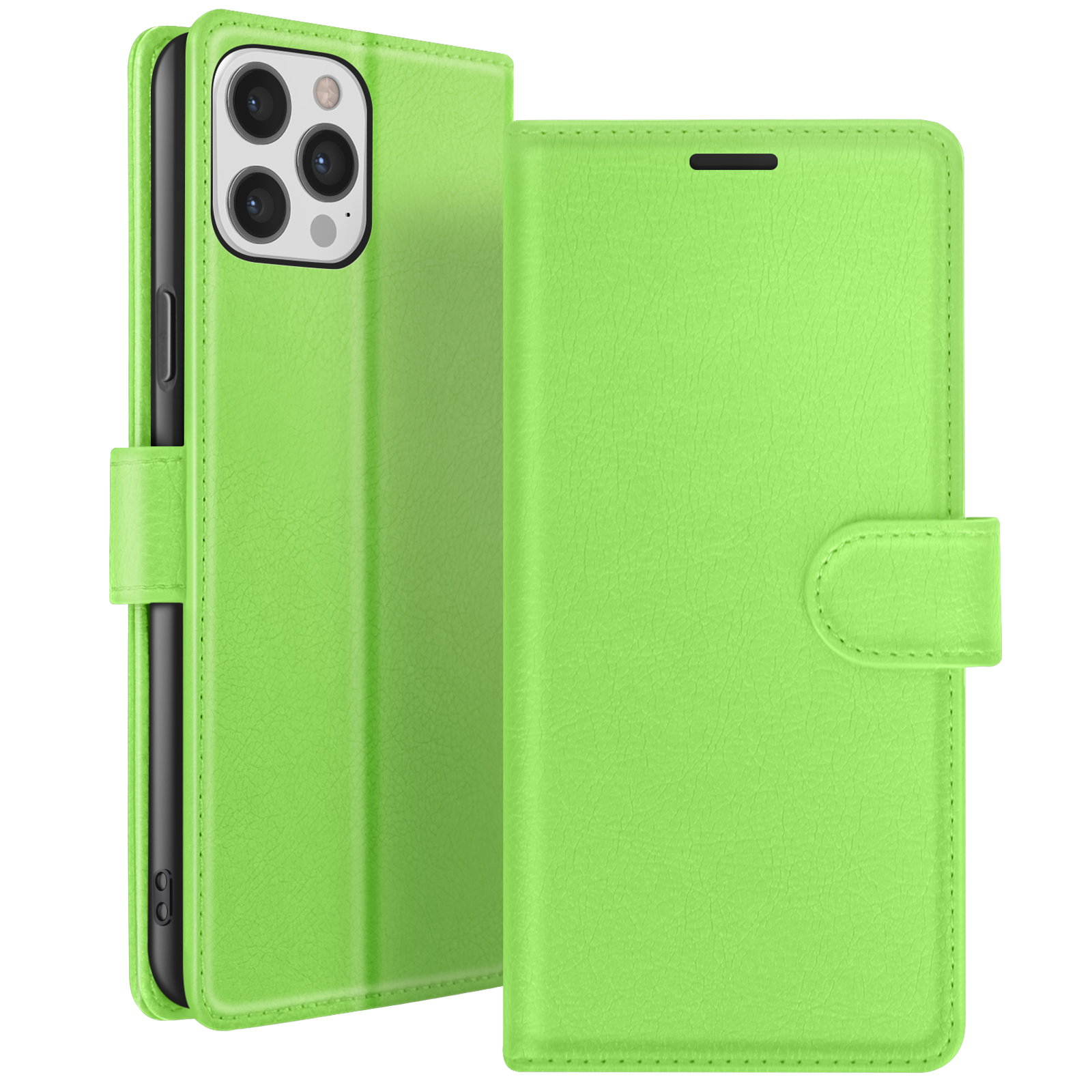 Un étui de téléphone vert citron, ouvert pour révéler un téléphone noir. L'étui a un rabat avec une fermeture magnétique.