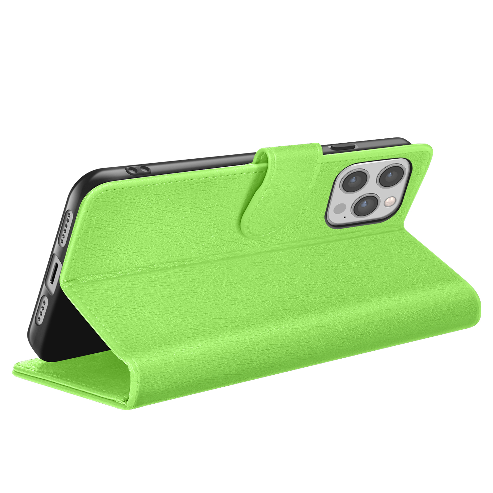 Un étui de téléphone vert est ouvert, montrant un téléphone noir. L'étui a une surface texturée et une fermeture magnétique.