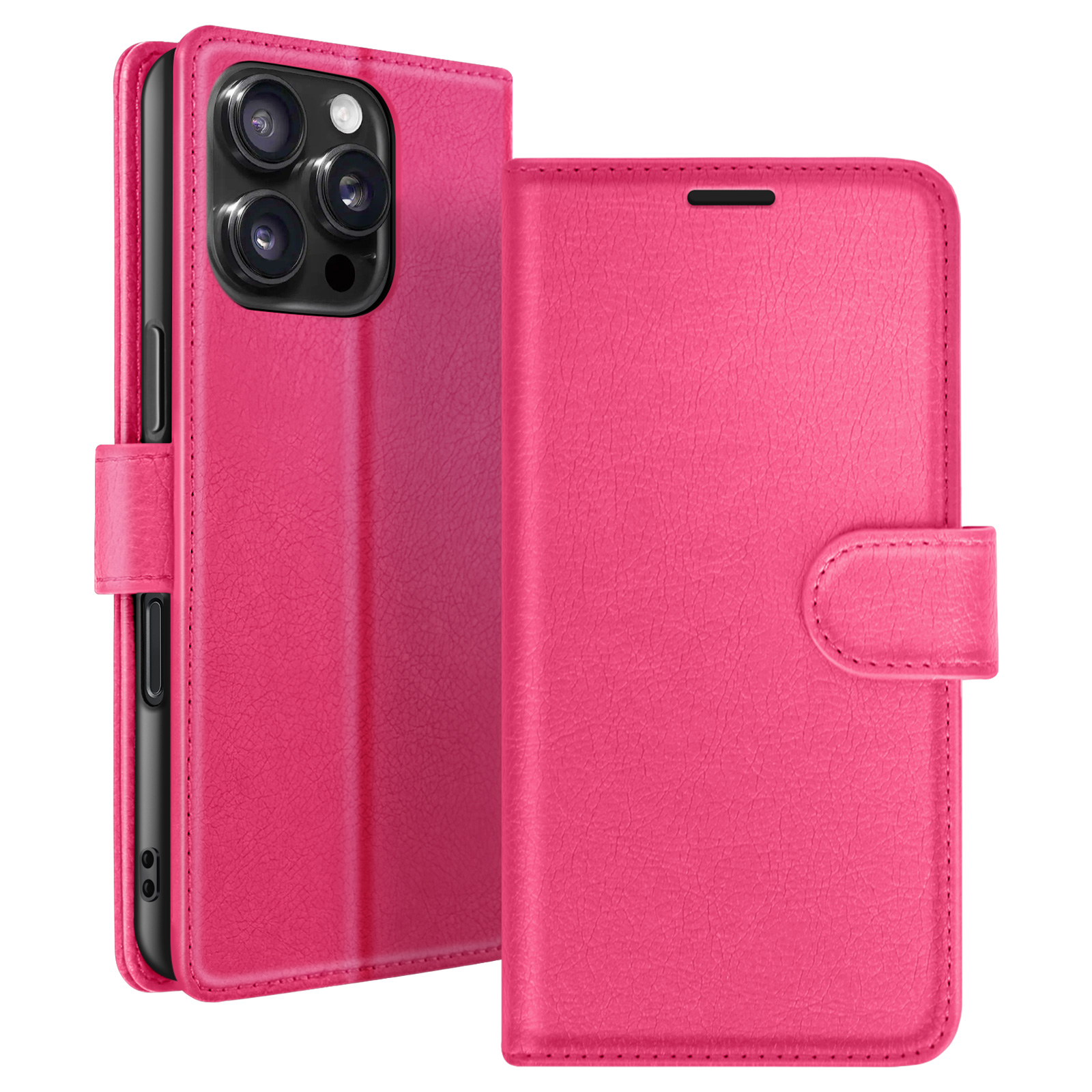 Een roze telefoonhoesje, open, met telefoon. Voorzien van een flap met sluiting. De hoes is getextureerd.