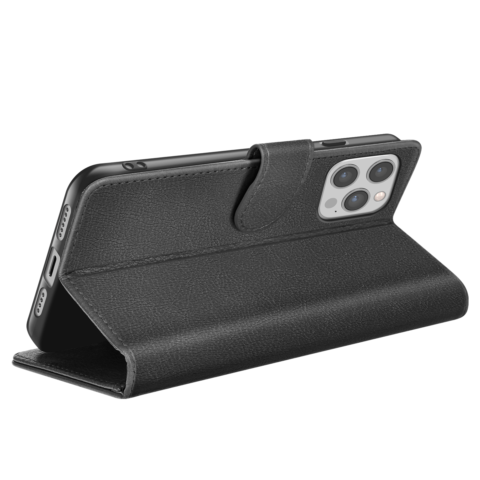 Custodia per telefono in pelle nera, aperta per mostrare un telefono. La custodia ha una superficie strutturata e una chiusura magnetica.