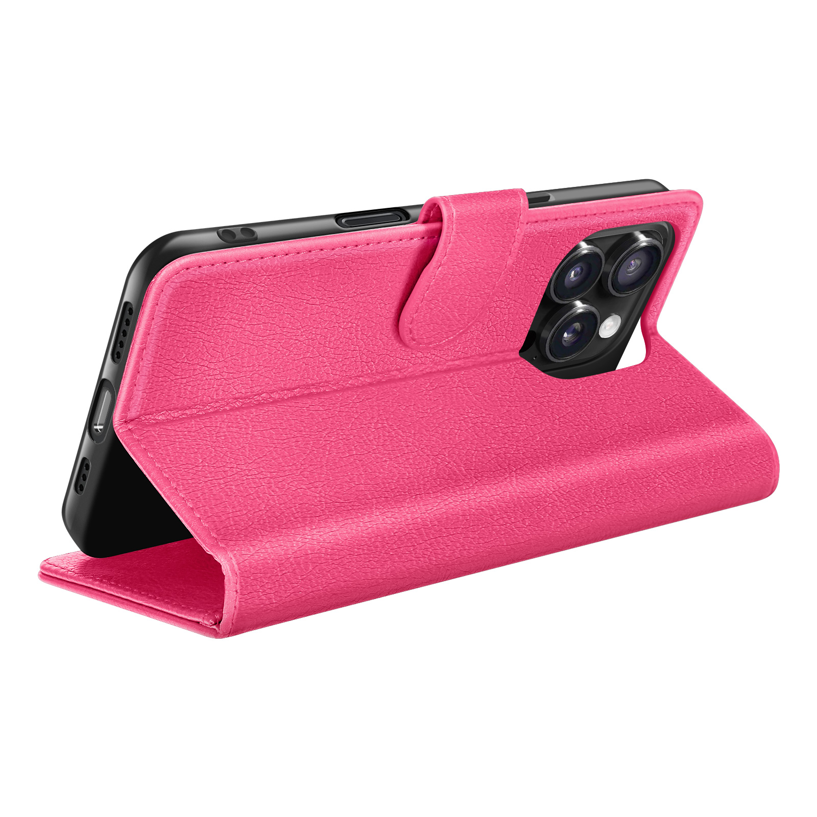 Een roze telefoonhoesje met een telefoon erin. De hoes is open en heeft een magnetische sluiting. De telefoon heeft meerdere camera's.