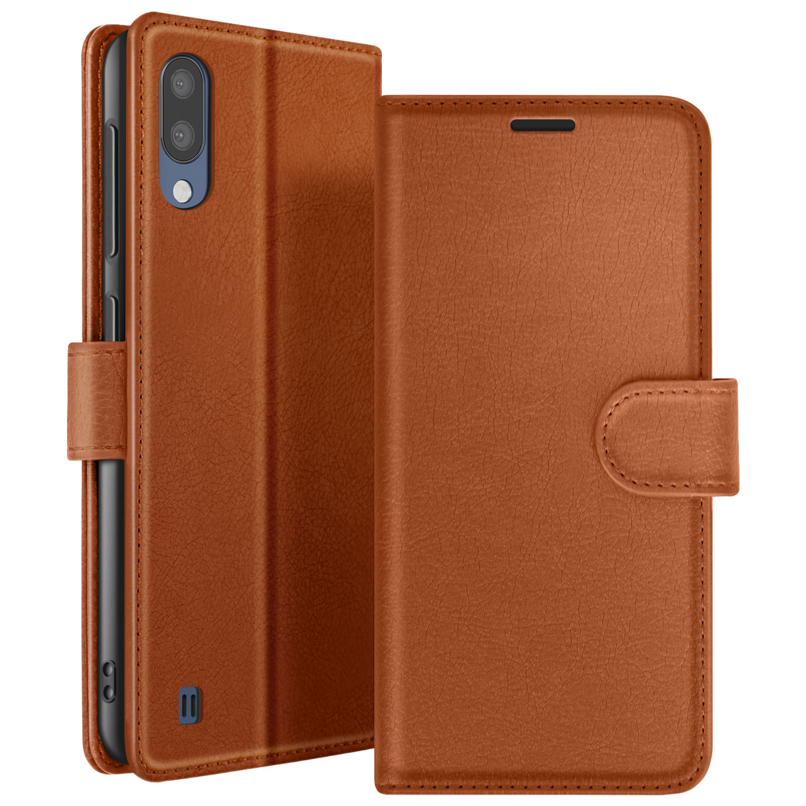 Un étui de téléphone en cuir marron avec un téléphone à l'intérieur, ouvert pour révéler l'écran du téléphone. L'étui a une fermeture magnétique.