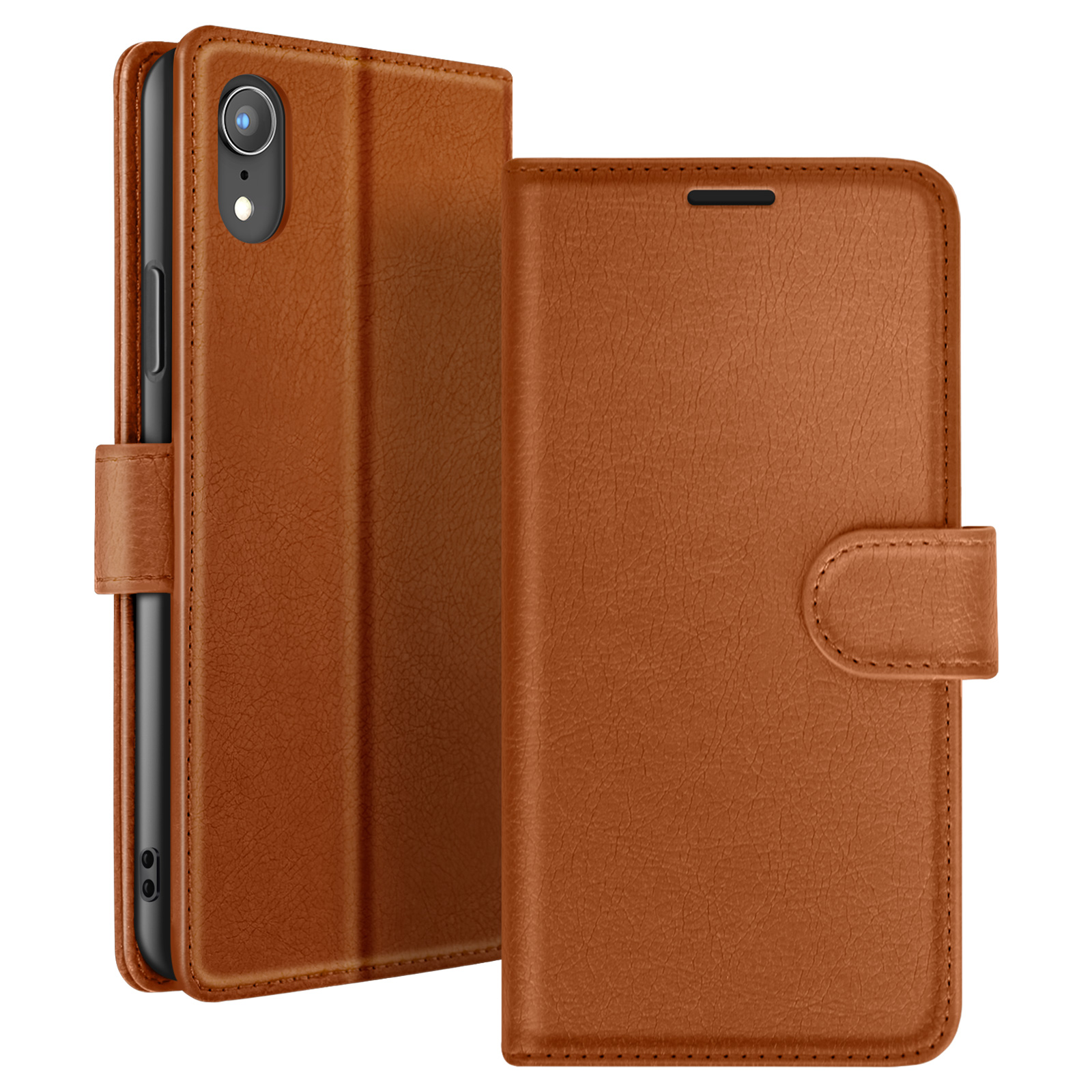 Étui de téléphone en cuir marron. Le téléphone est à l'intérieur, avec l'étui ouvert à gauche. Le côté droit est fermé.