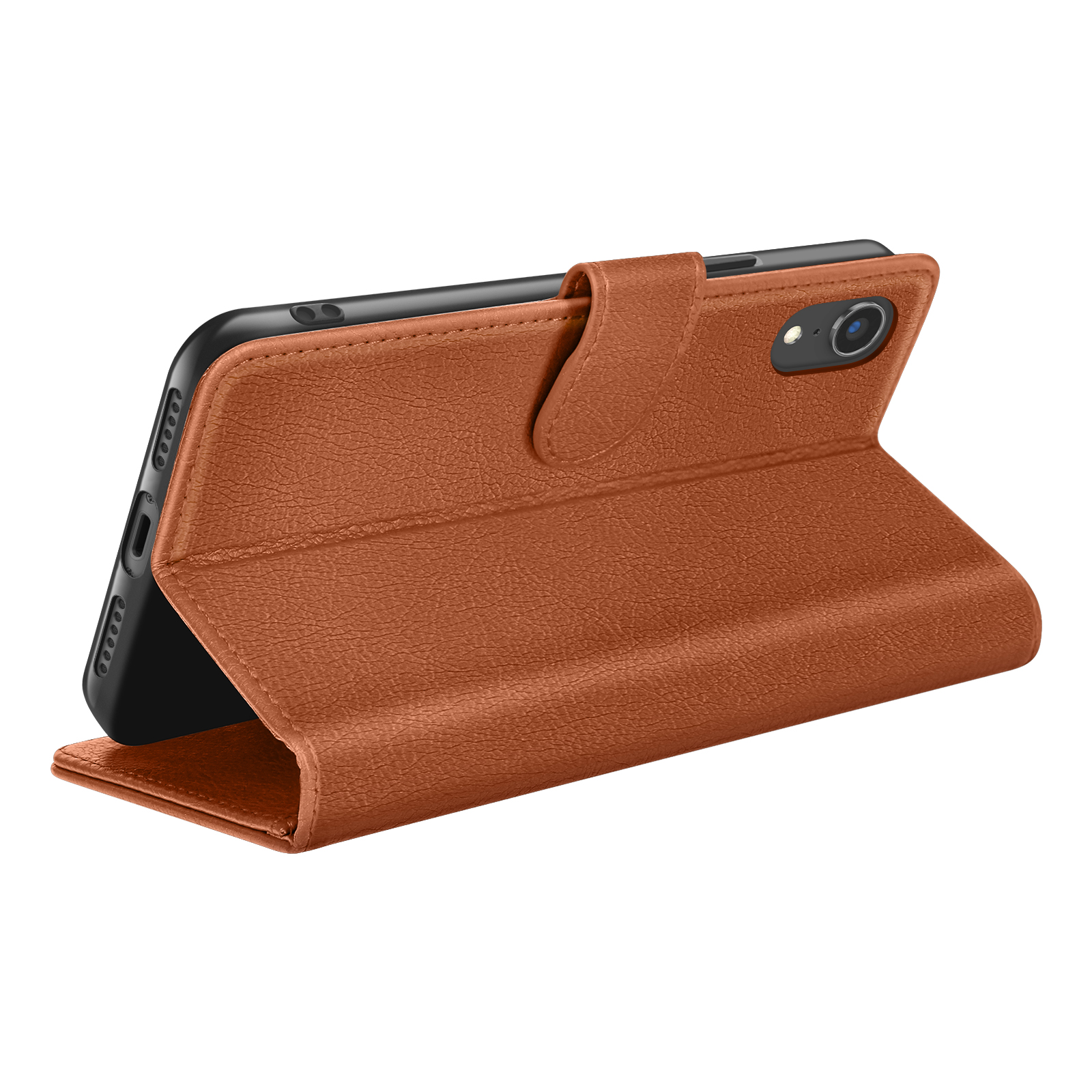 Un étui de téléphone en cuir marron est ouvert, tenant un téléphone noir. L'étui est texturé et possède une fermeture magnétique.