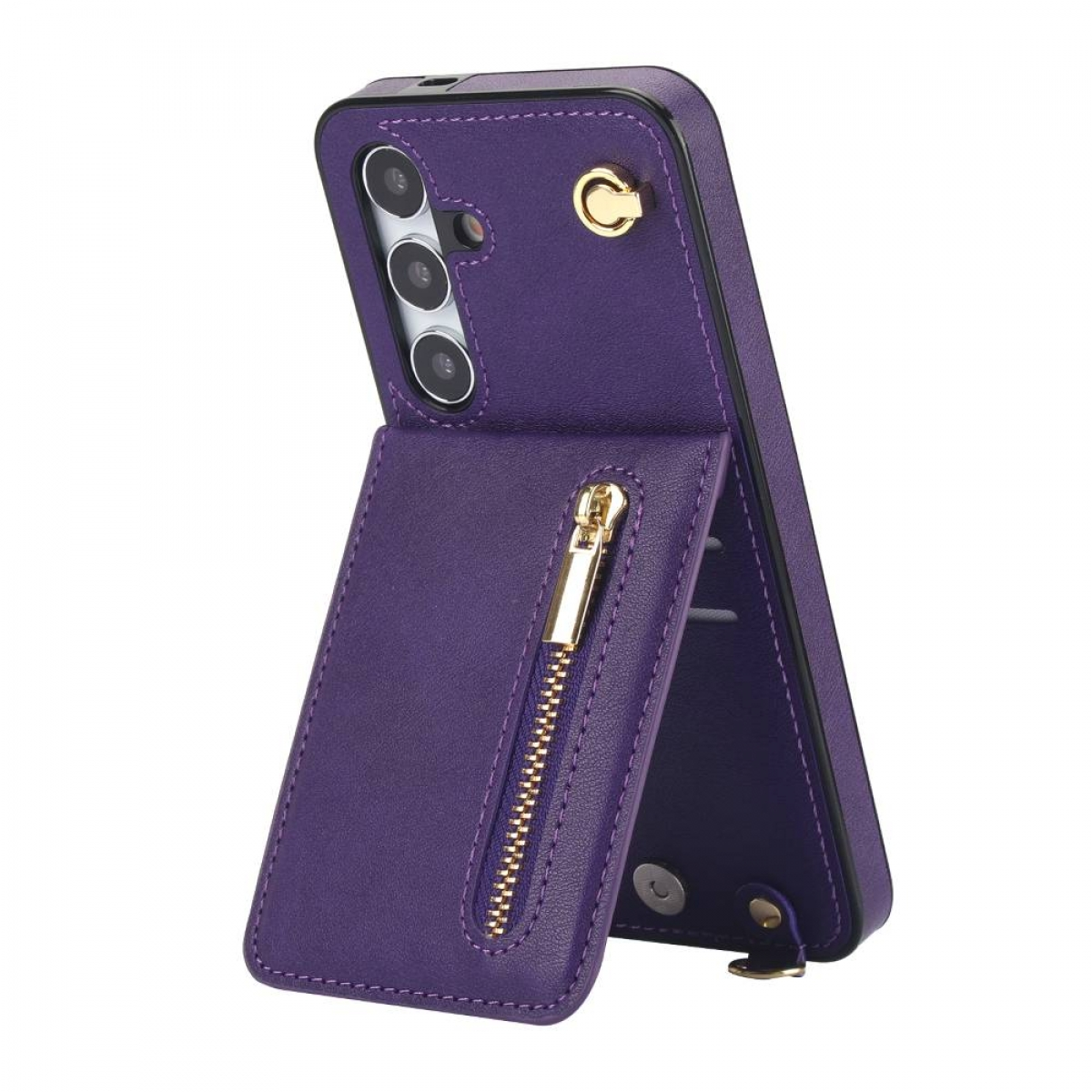 Eine lila Handyhülle mit Portemonnaie. Sie hat einen Reißverschluss, goldene Akzente und einen Ständer. Das Telefon hat drei Kameras.