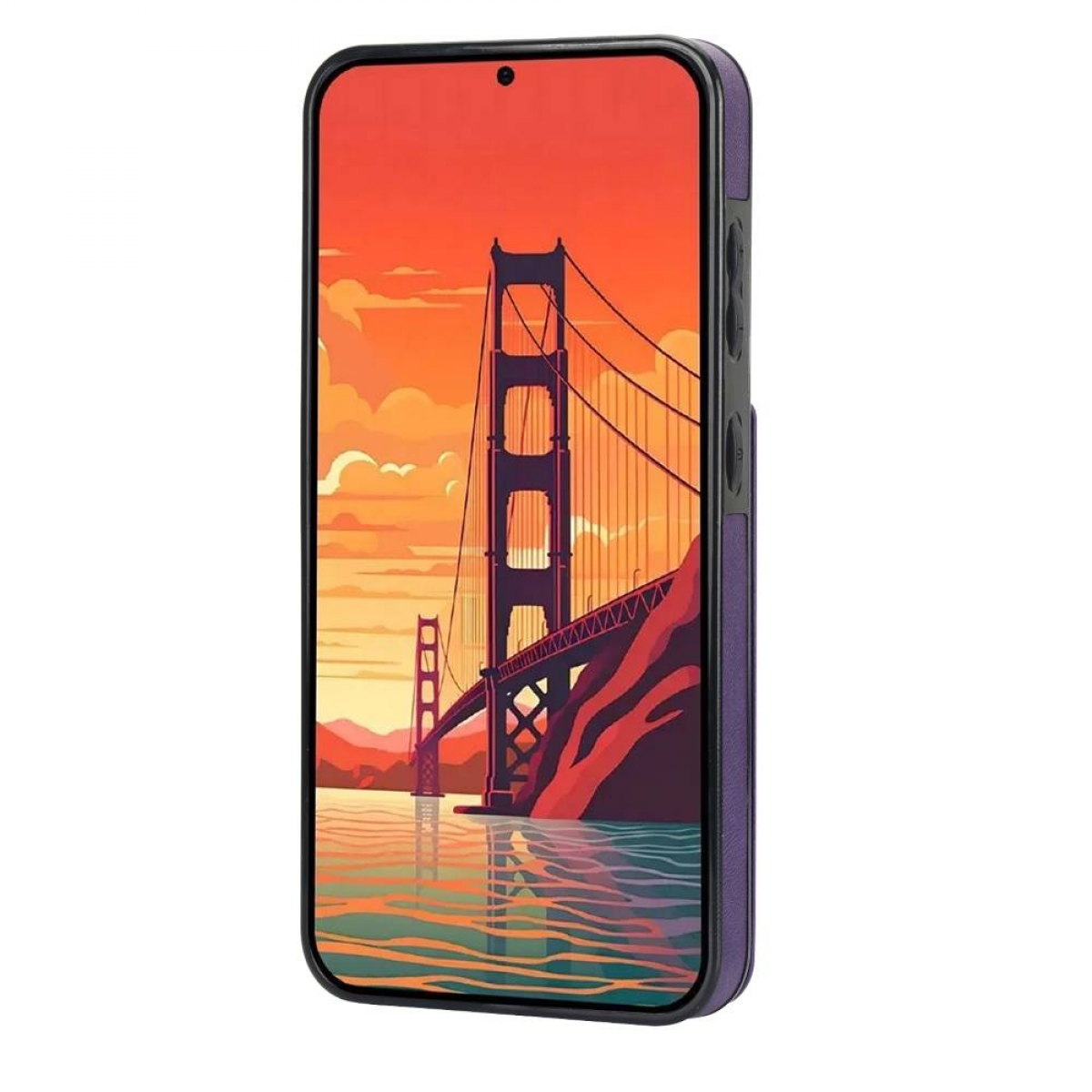 Handyhülle mit Illustration der Golden Gate Bridge. Die Brücke ist braun, mit Wasser und einem farbenfrohen Sonnenuntergang im Hintergrund.