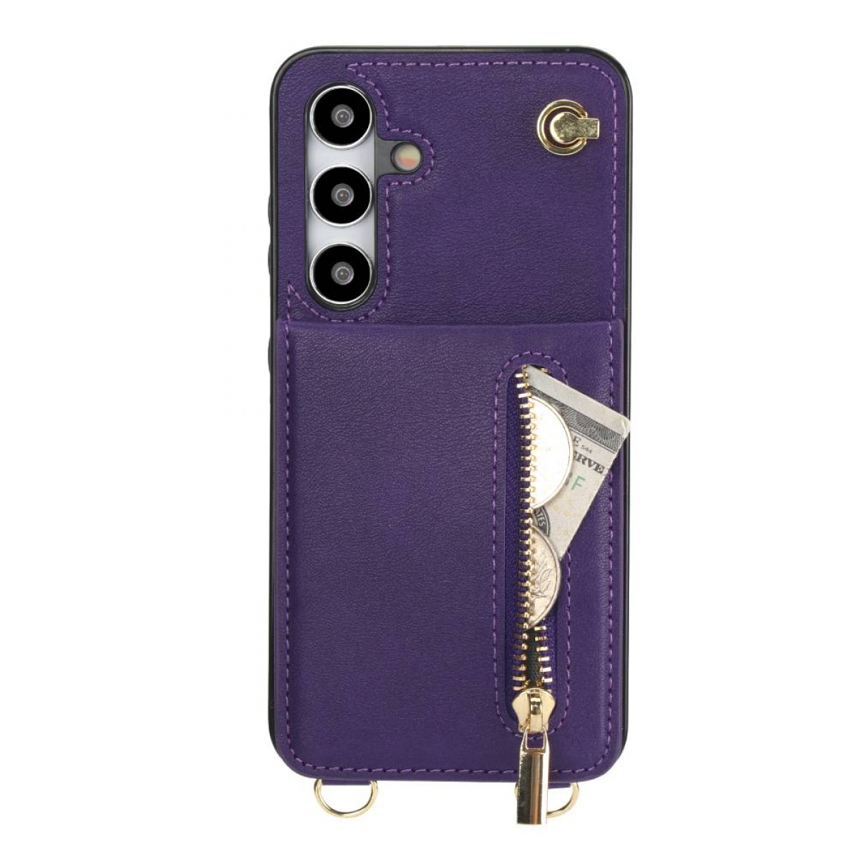 Violette Handyhülle mit Reißverschlusstasche, mit Geld und Münzen. Enthält drei Kameralinsen. Goldakzente und ein Riemenansatz.