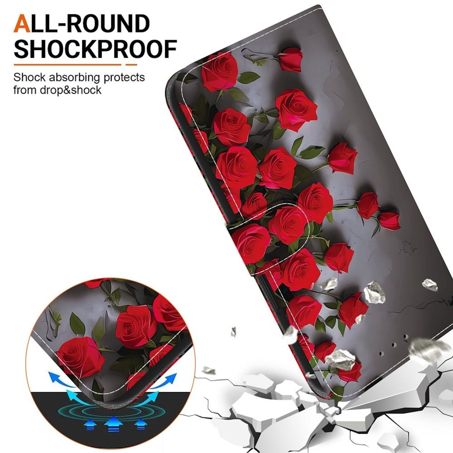 Handyhülle mit roten Rosen auf grauem Hintergrund, die durch eine weiße Oberfläche bricht, und dem Text 'ALL-ROUND SHOCKPROOF'.
