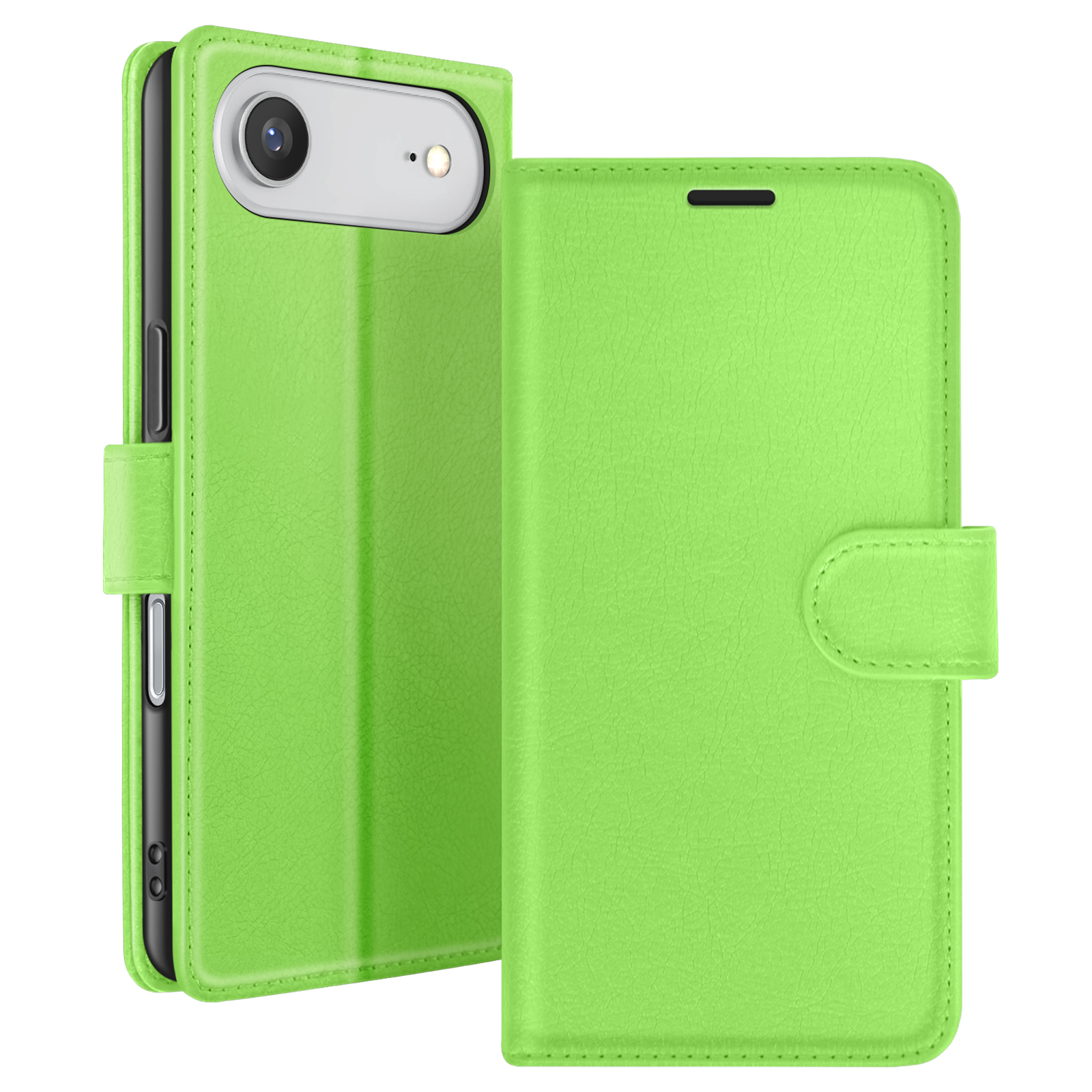Una custodia per telefono verde lime è aperta, rivelando un telefono nero. La custodia ha una patta con chiusura magnetica.