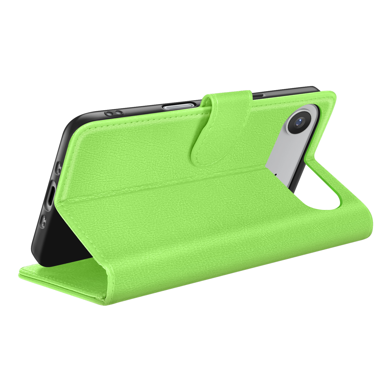 Una custodia per telefono verde lime è aperta, con uno smartphone nero. La custodia è in pelle strutturata e angolata verso lo spettatore.