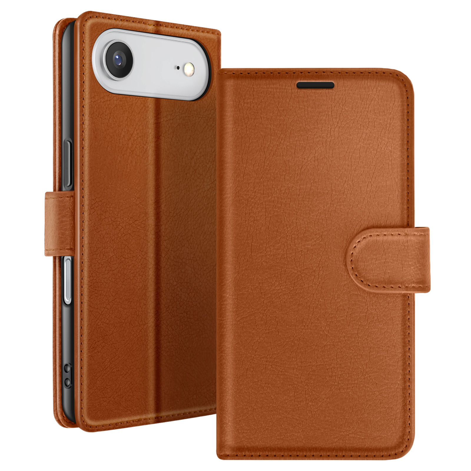 Étui de téléphone en cuir marron, ouvert. Le téléphone est visible. L'étui a une fermeture magnétique.